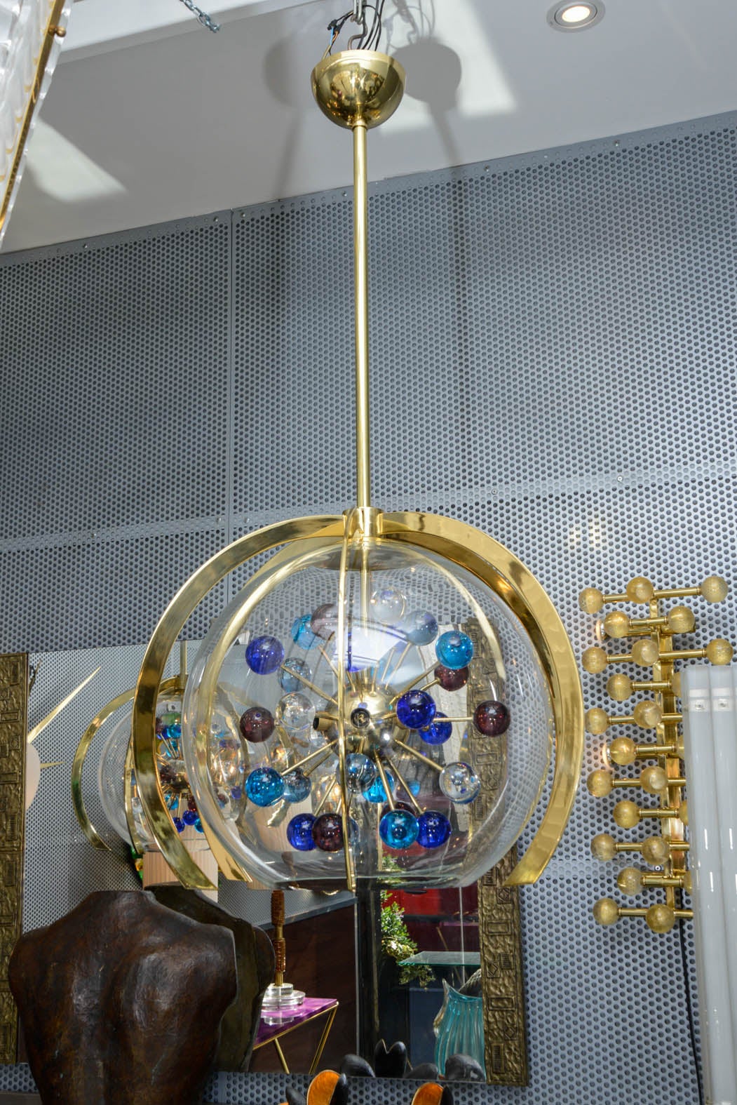 Chandelier with Murano glass balls in brass structure.
Could be made on order with other finish or size