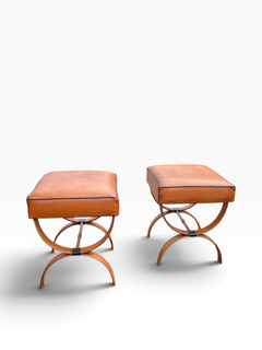 1950's Stitched leather ottomans by Jacques Adnet