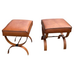 1950's Stitched leather ottomans by Jacques Adnet