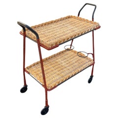 Barwagen aus genähtem Leder und Rattan aus den 1950er Jahren von Jacques ADNET