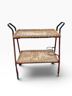 Barwagen aus genähtem Leder und Rattan aus den 1950er Jahren von Jacques ADNET