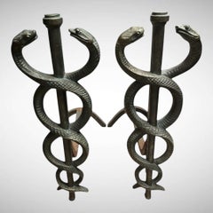 1930's Tall Bronze double snakes andirons