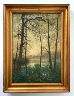Antico quadro danese di paesaggio crepuscolare con alberi e acqua del 1925