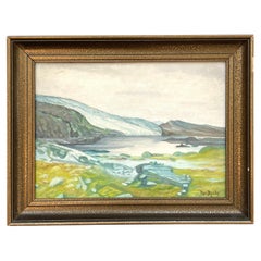 Per Dymbe vintage Norwegian mid century modern oil painting of coastal landscape
