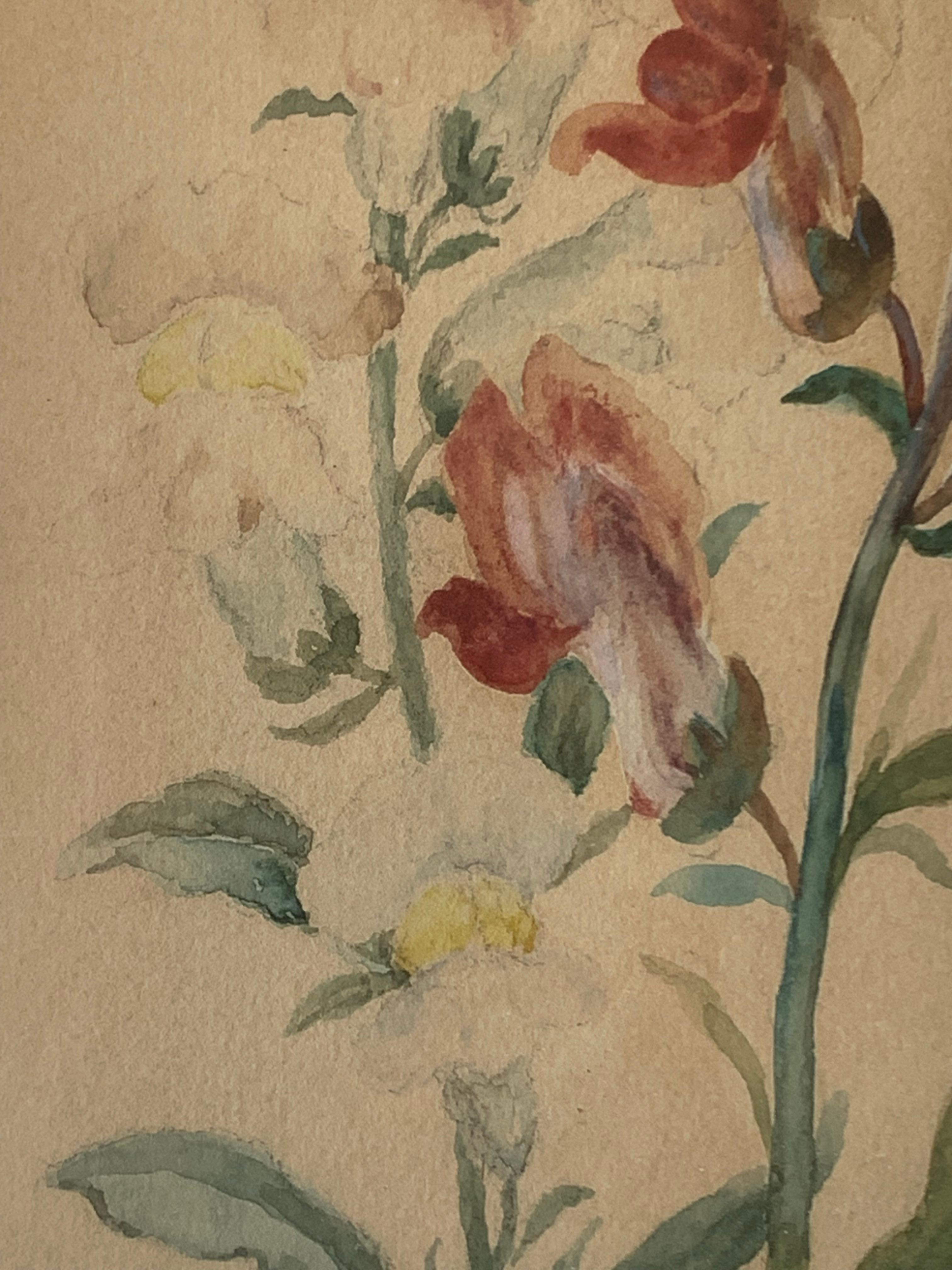 Antikes Original-Stillleben aus dem frühen 20. Jahrhundert, rot-weißes Blumenaquarell (Dänisch) im Angebot