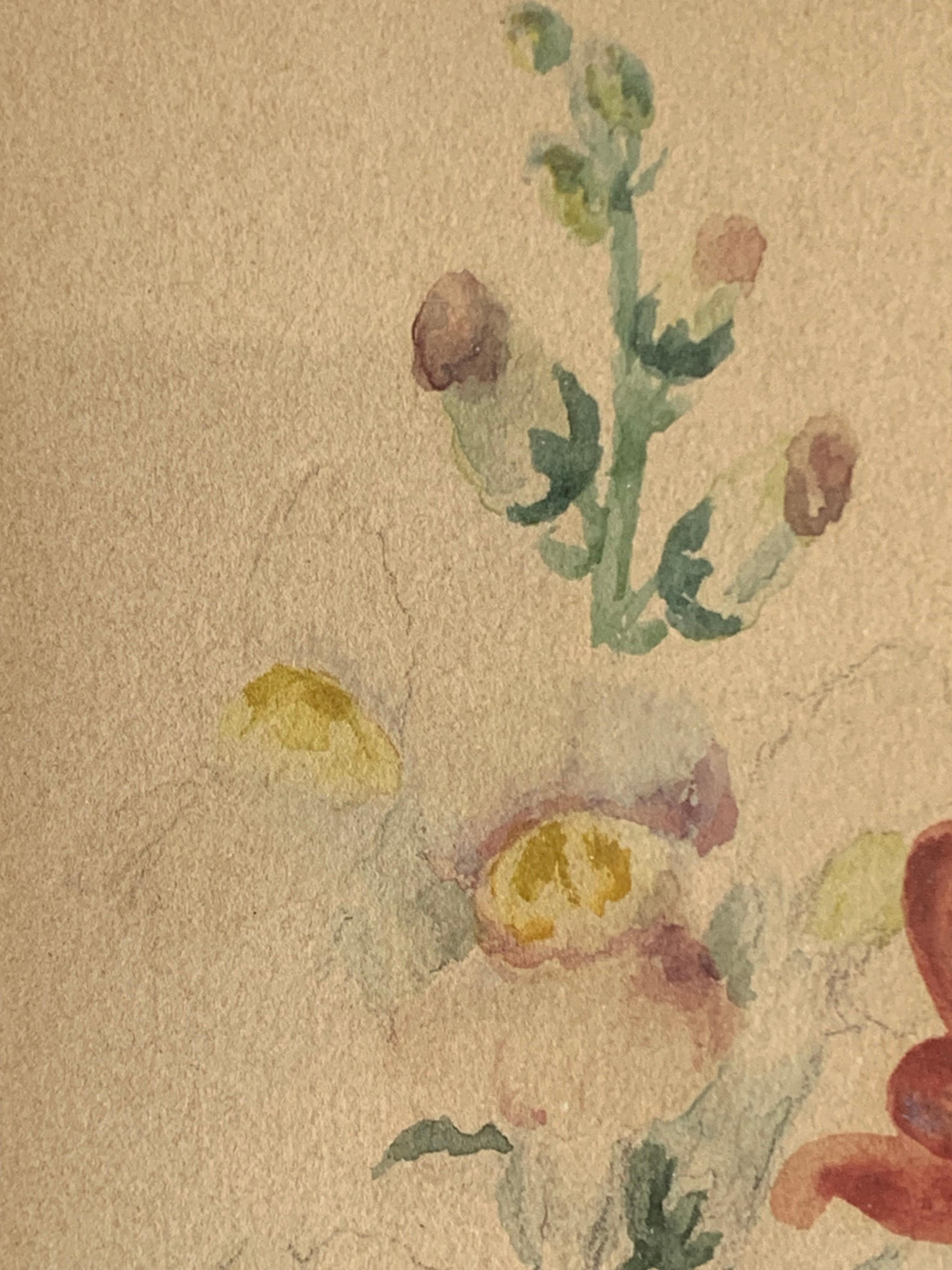 Antikes Original-Stillleben aus dem frühen 20. Jahrhundert, rot-weißes Blumenaquarell (Handbemalt) im Angebot