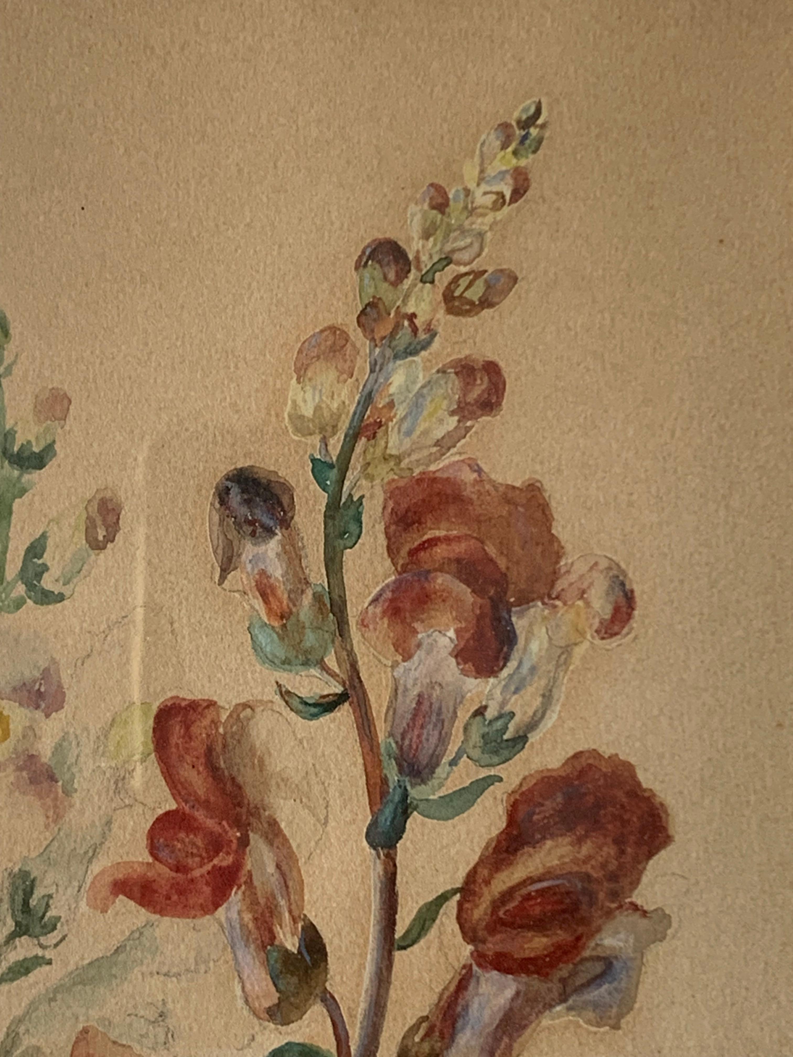 Antikes Original-Stillleben aus dem frühen 20. Jahrhundert, rot-weißes Blumenaquarell (Farbe) im Angebot