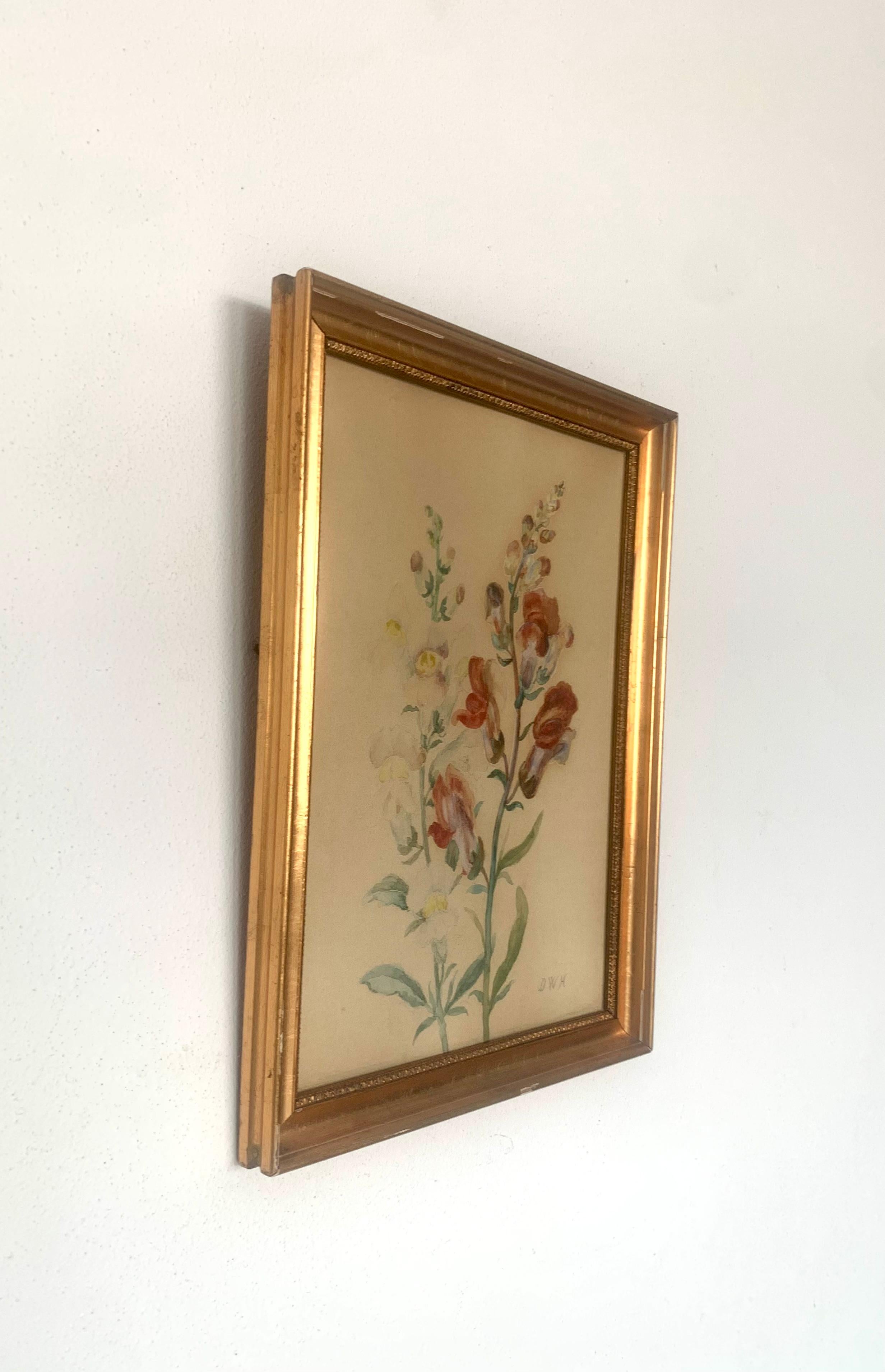 Antikes Original-Stillleben aus dem frühen 20. Jahrhundert, rot-weißes Blumenaquarell (Art déco) im Angebot