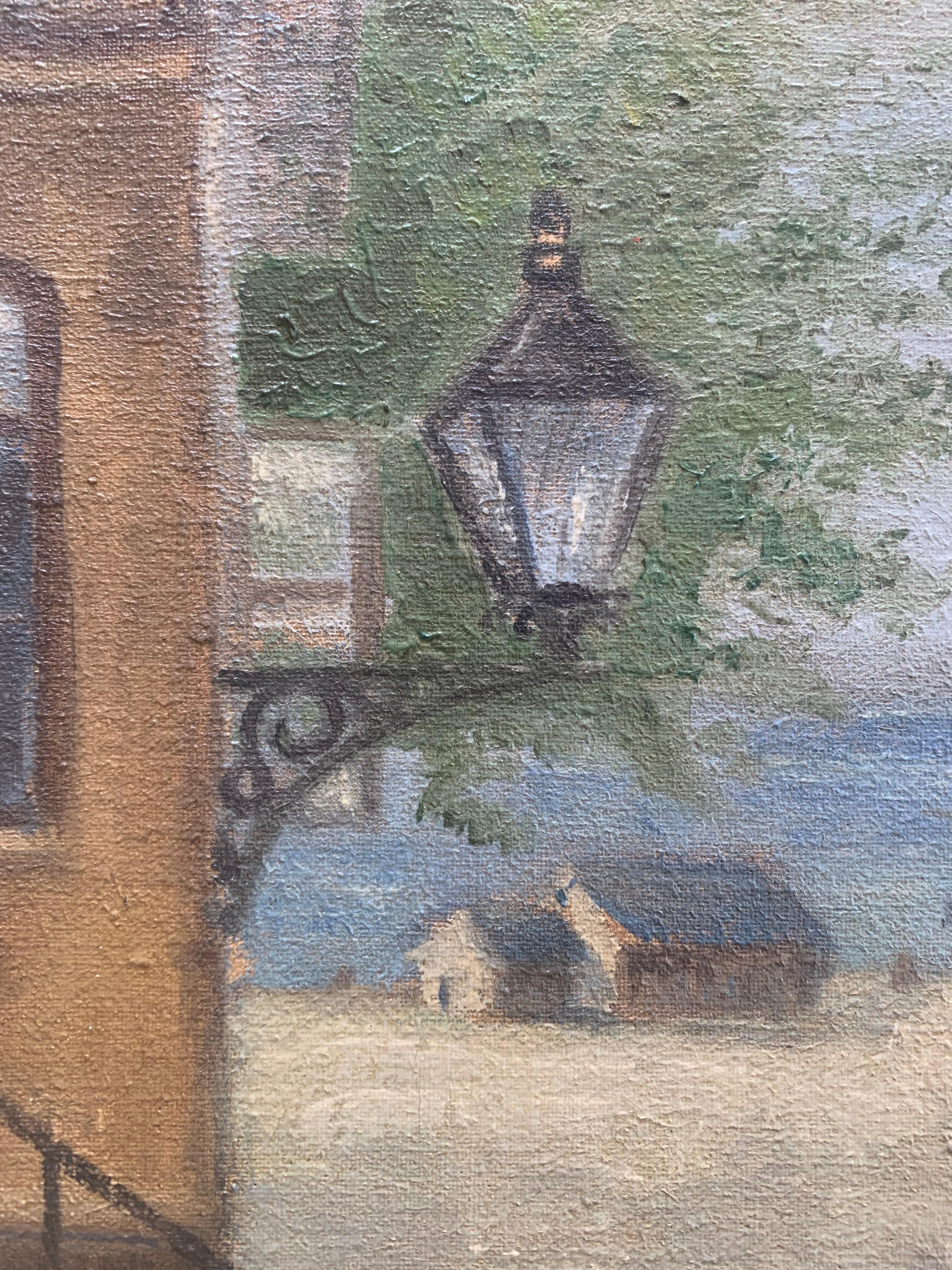 Vintage Mitte des Jahrhunderts nautischen maritimen Stadt Ölgemälde aus Dänemark mit Häusern (Moderne der Mitte des Jahrhunderts) im Angebot