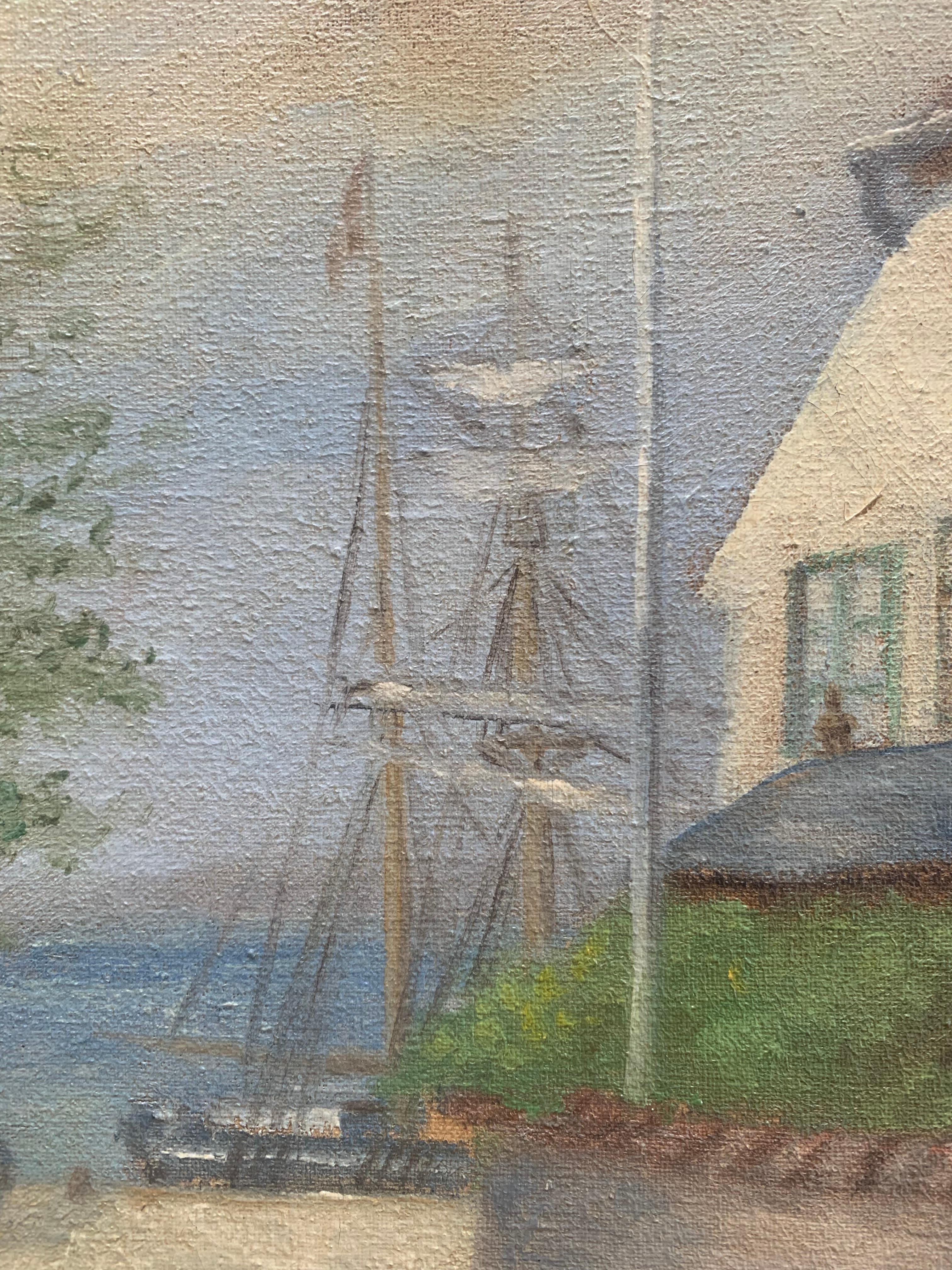 Vintage Mitte des Jahrhunderts nautischen maritimen Stadt Ölgemälde aus Dänemark mit Häusern (Dänisch) im Angebot