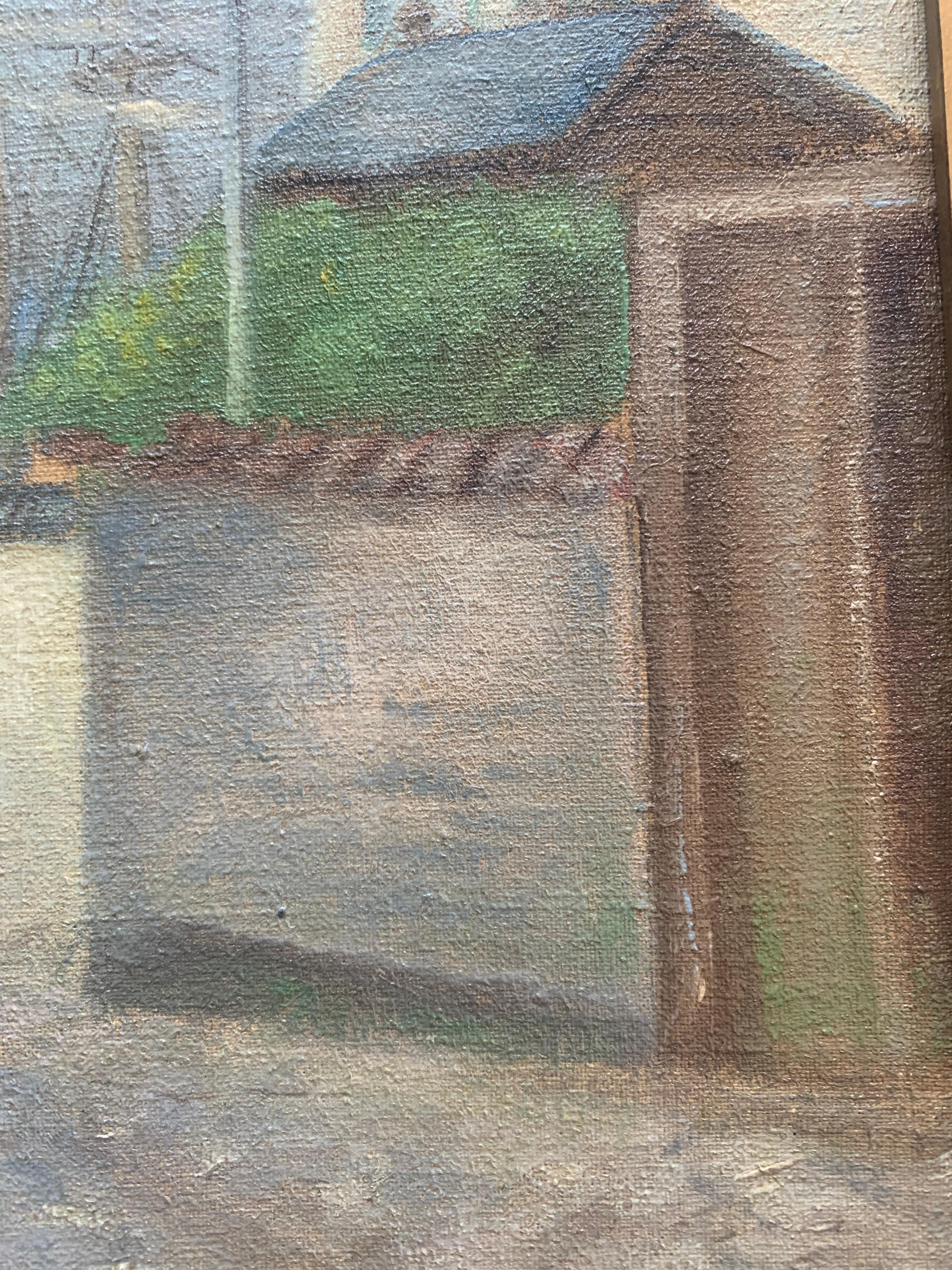 Vintage Mitte des Jahrhunderts nautischen maritimen Stadt Ölgemälde aus Dänemark mit Häusern (Farbe) im Angebot