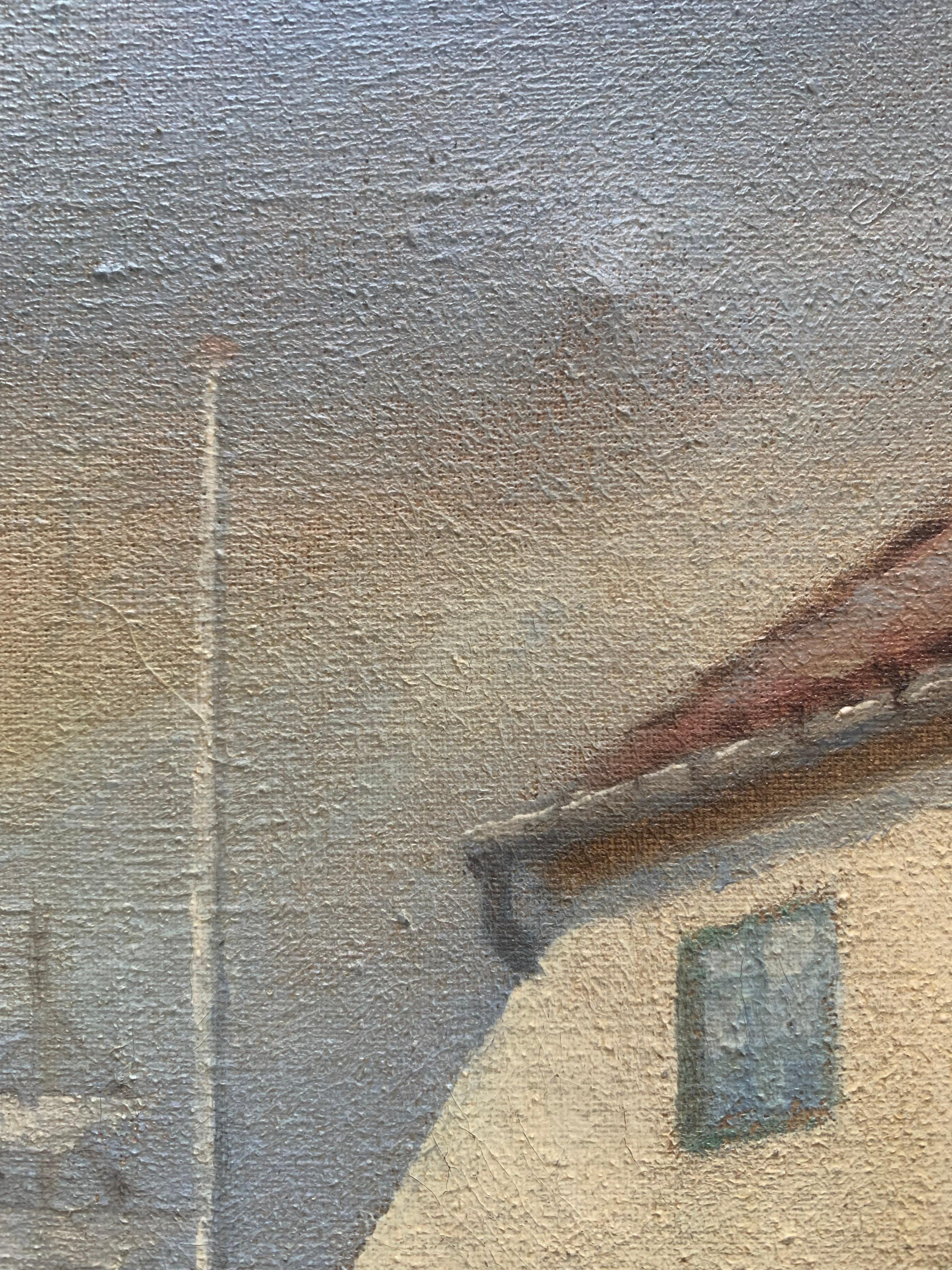 Vintage Mitte des Jahrhunderts nautischen maritimen Stadt Ölgemälde aus Dänemark mit Häusern im Angebot 1