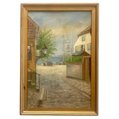 Vintage mid century nautical maritime town oil painting from Denmark with houses