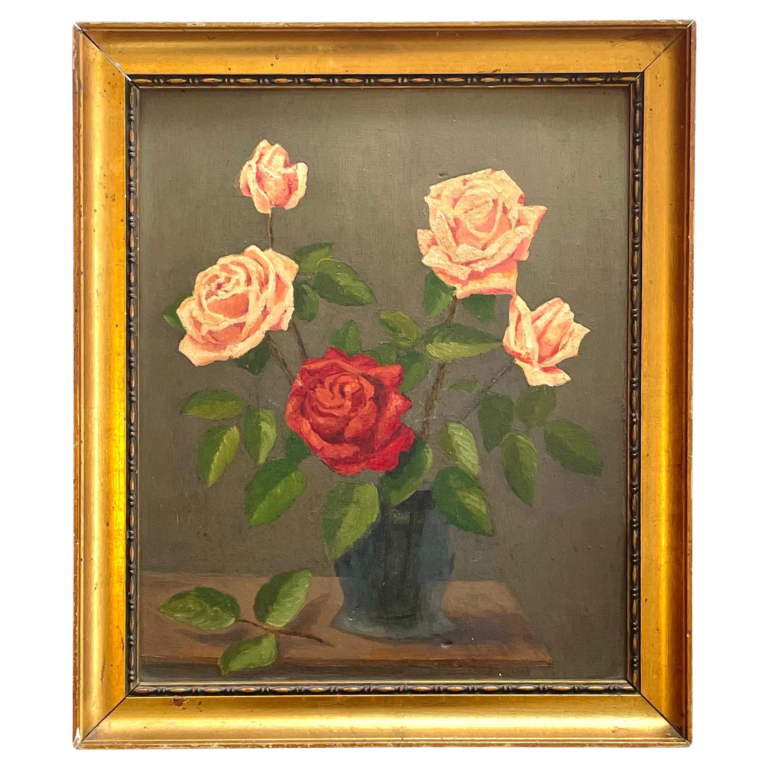 Antikes dänisches Stillleben aus dem frühen 20. Jahrhundert mit Rosenblüten in einer Vase