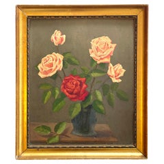 Early 20th century antique Danish still life painting of rose flowers in vase
