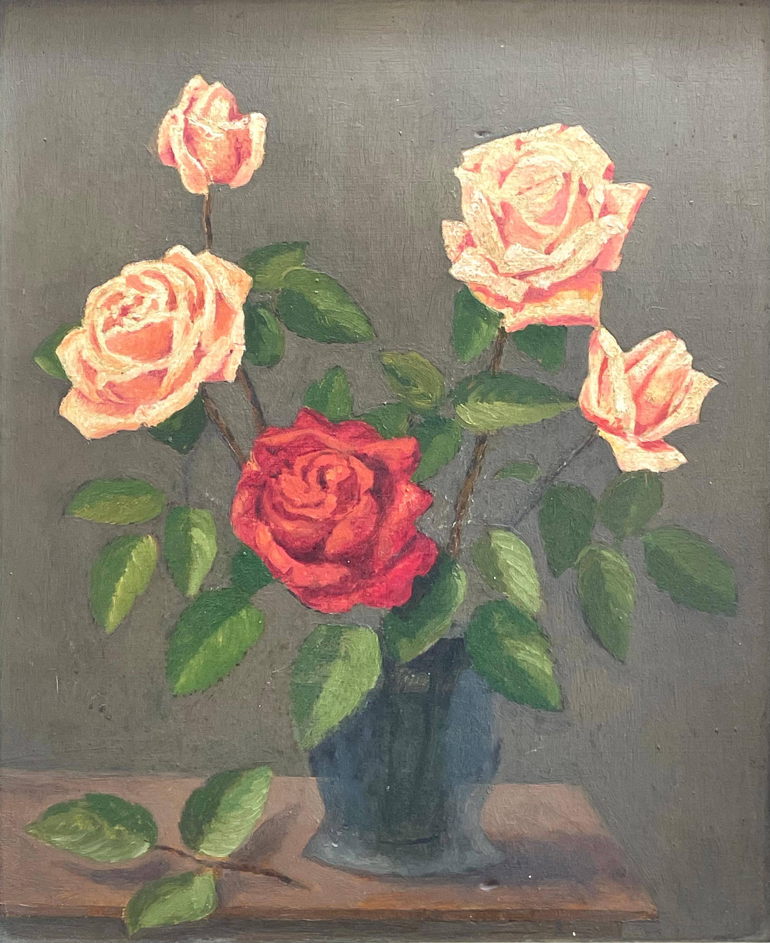 Antikes dänisches Stillleben aus dem frühen 20. Jahrhundert mit Rosenblüten in einer Vase (Romantik) im Angebot