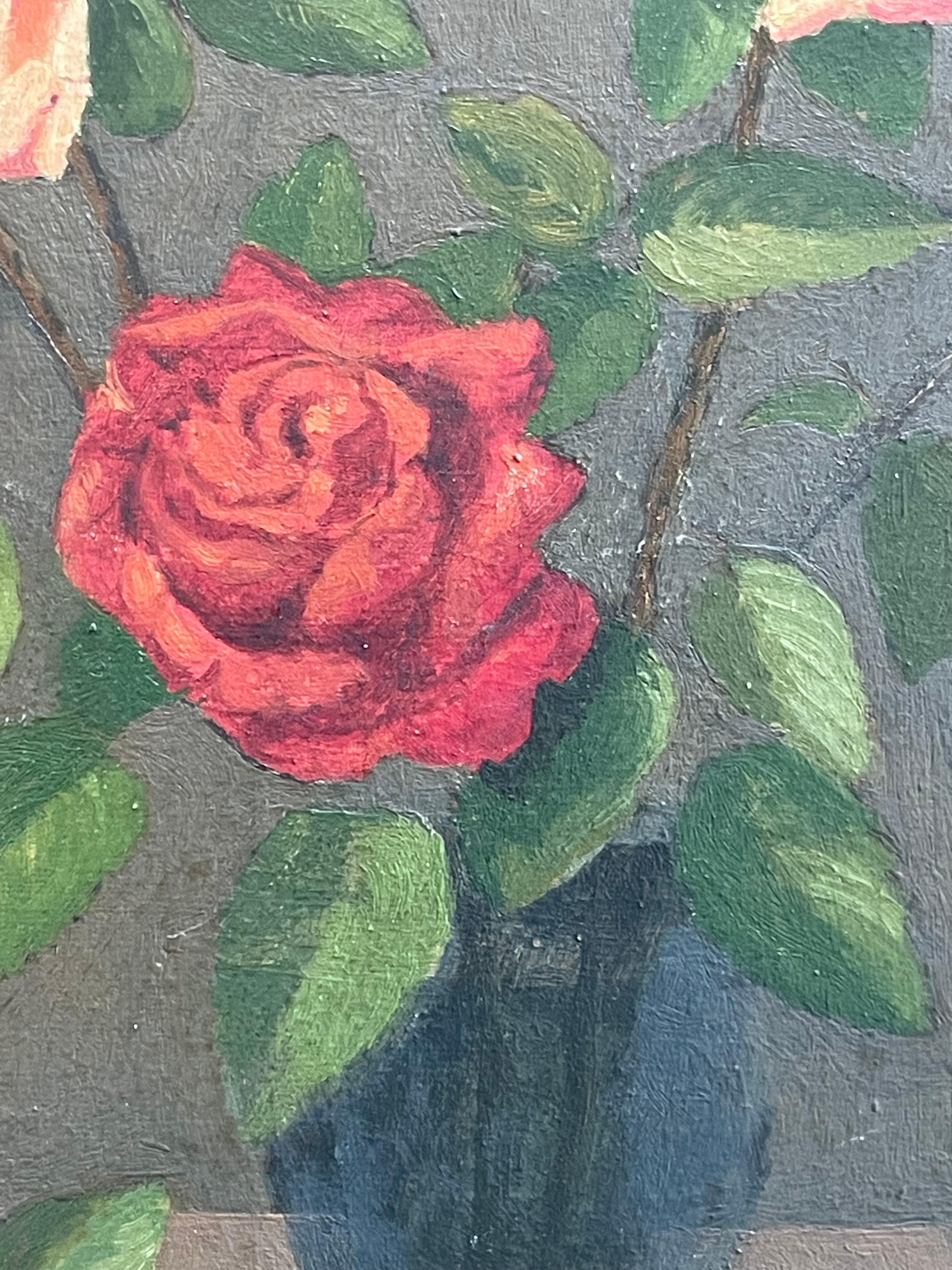 Antikes dänisches Stillleben aus dem frühen 20. Jahrhundert mit Rosenblüten in einer Vase (Gemalt) im Angebot
