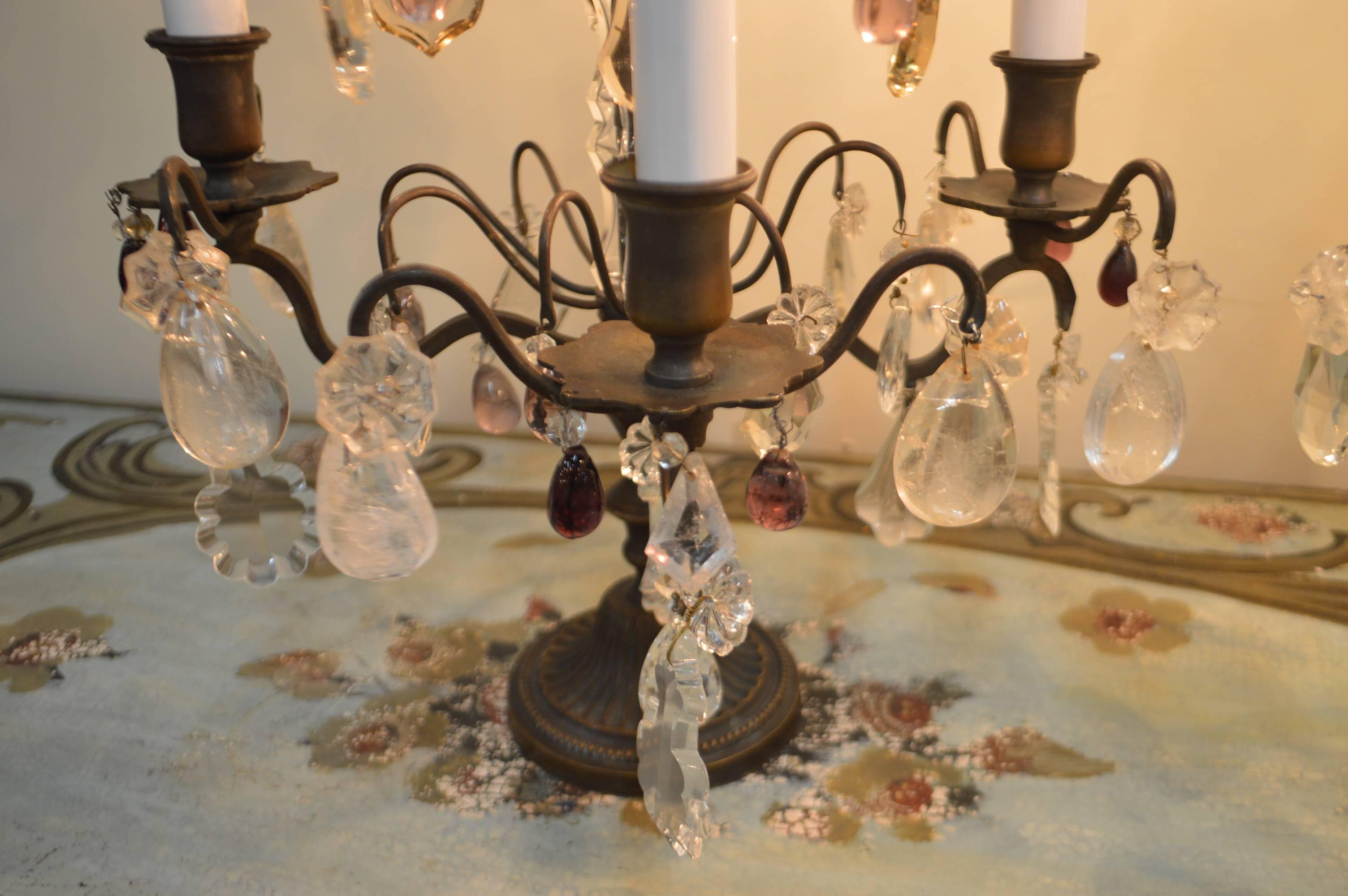 Pair of Louis XV Style Bronze and Crystal Candelabra In Excellent Condition In Oakville, ON