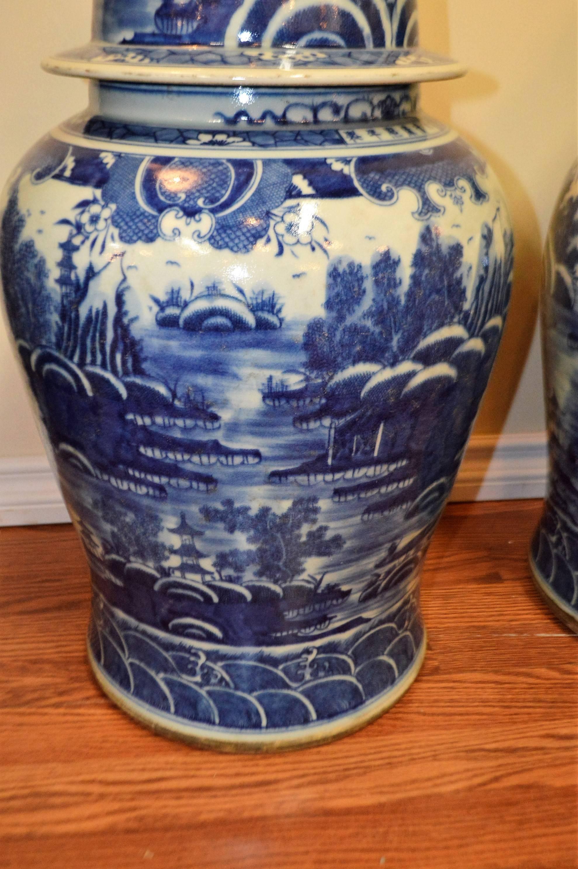 One of a kind, Chinese highly decorative cobalt blue and white porcelain ginger jars.