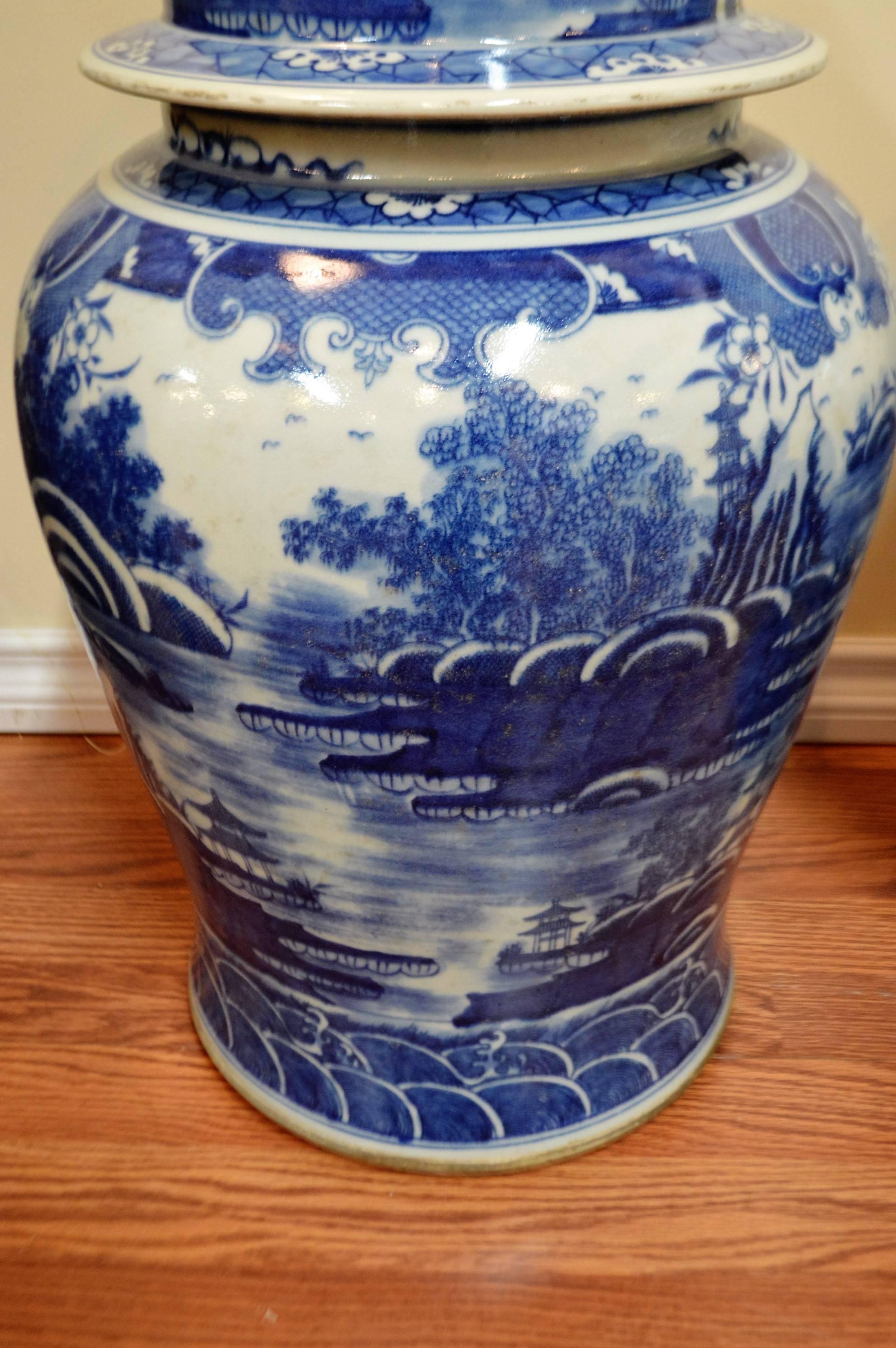 large blue and white ginger jars