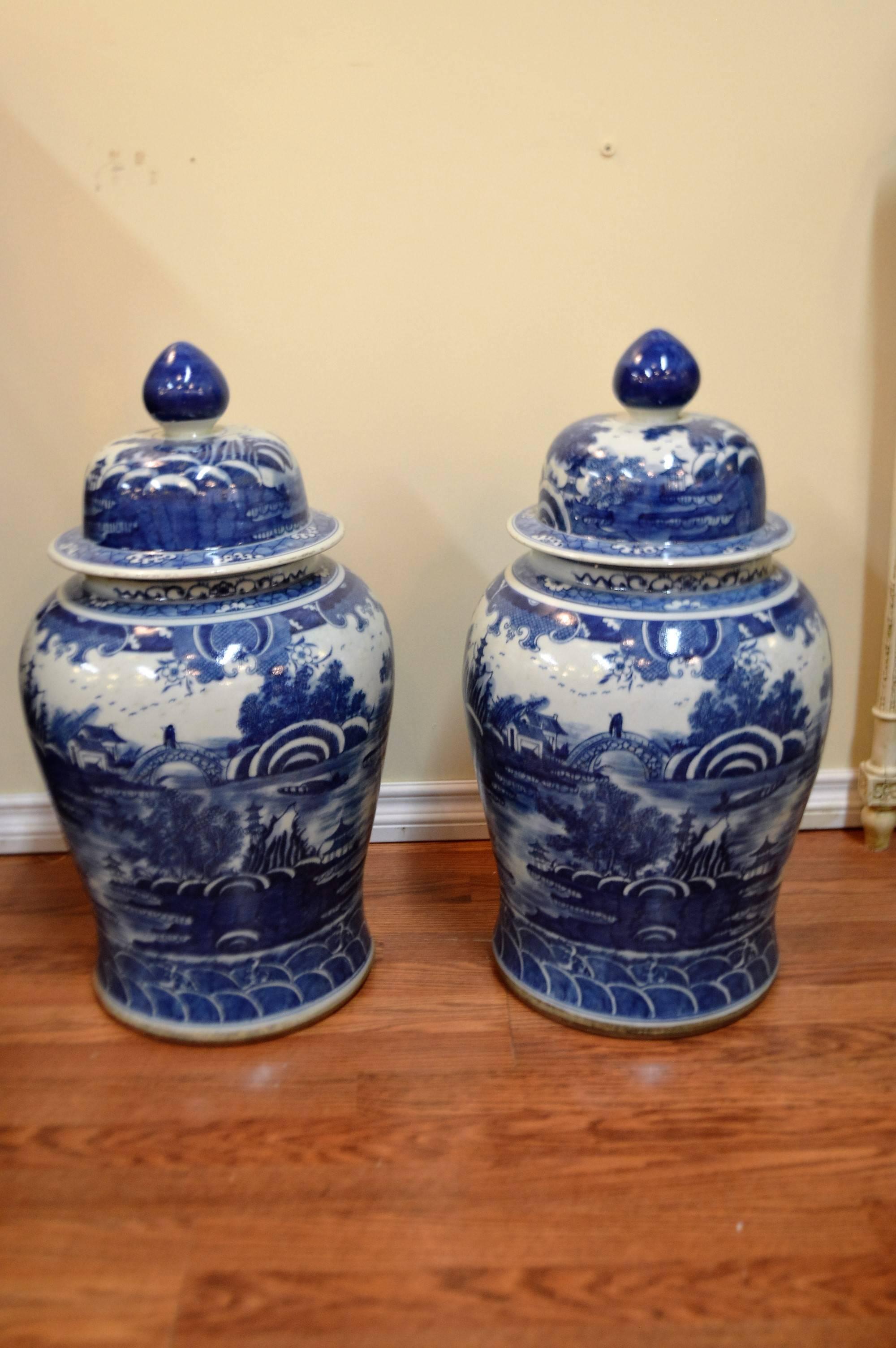Chinese Export Pair of Chinese Large Blue and White Porcelain Ginger Jars