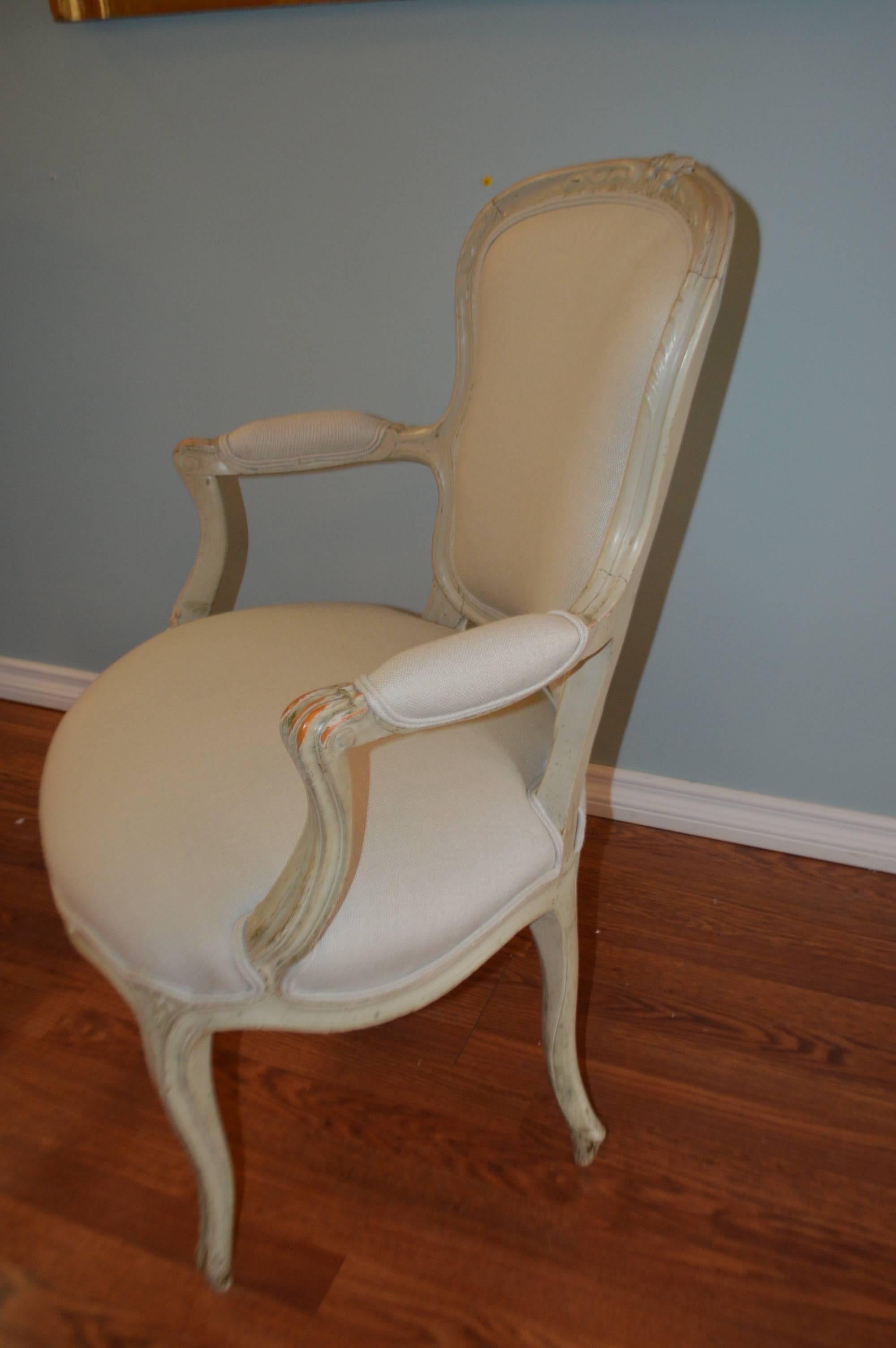 20th Century Pair of Louis XV Style Painted Armchairs, original paint finish new linen fabric For Sale