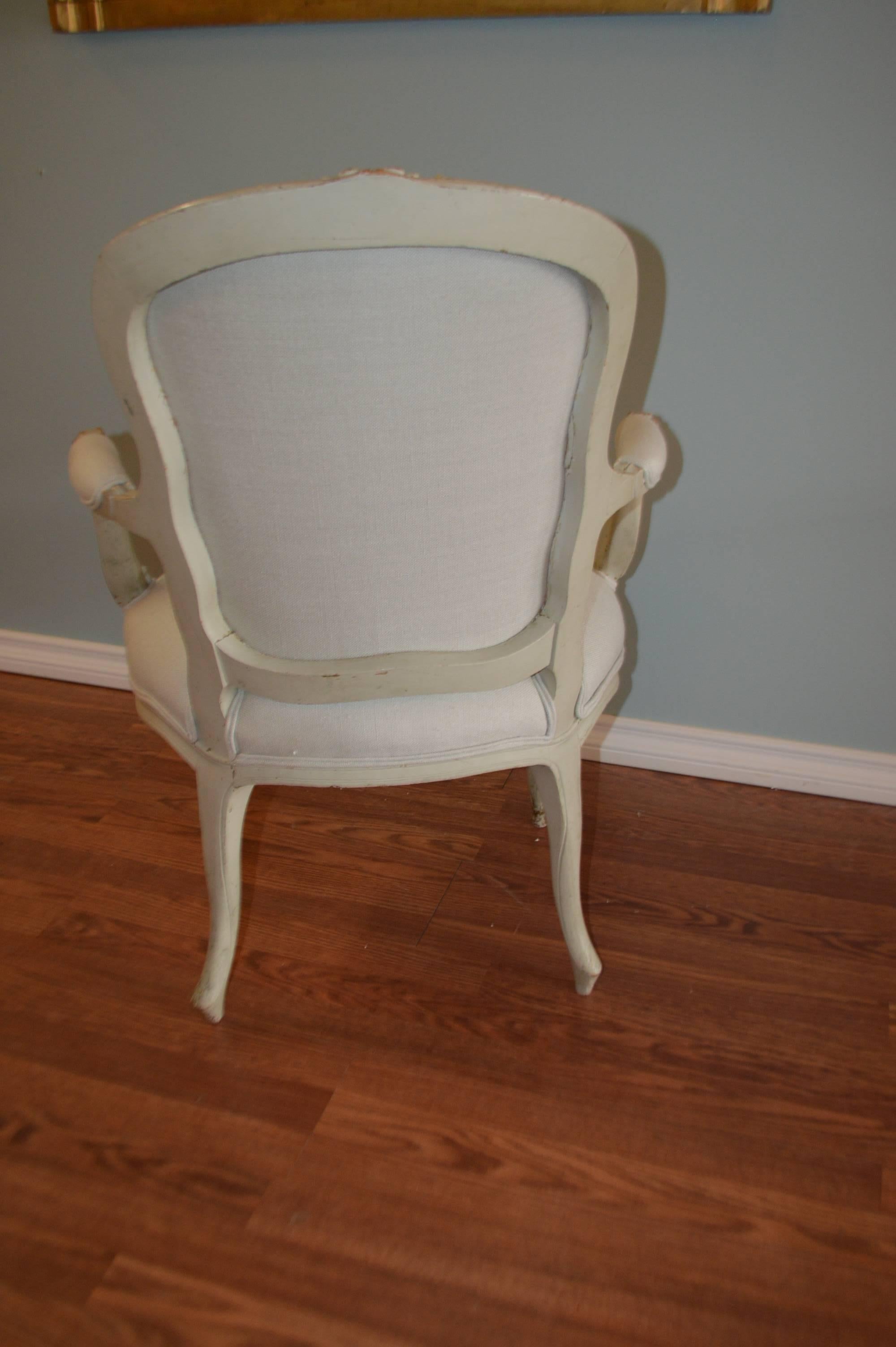 Wood Pair of Louis XV Style Painted Armchairs, original paint finish new linen fabric For Sale