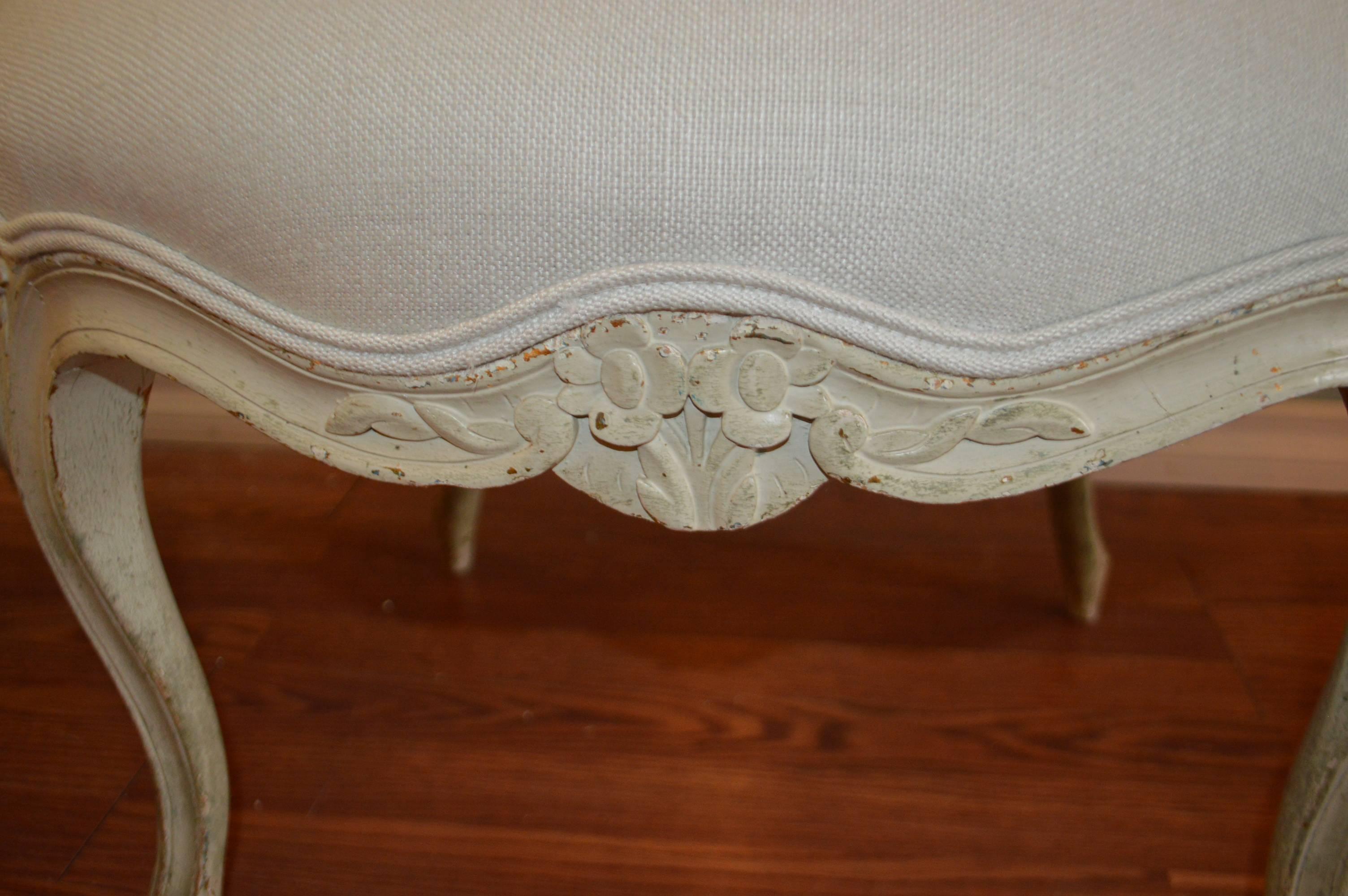 French Pair of Louis XV Style Painted Armchairs, original paint finish new linen fabric For Sale