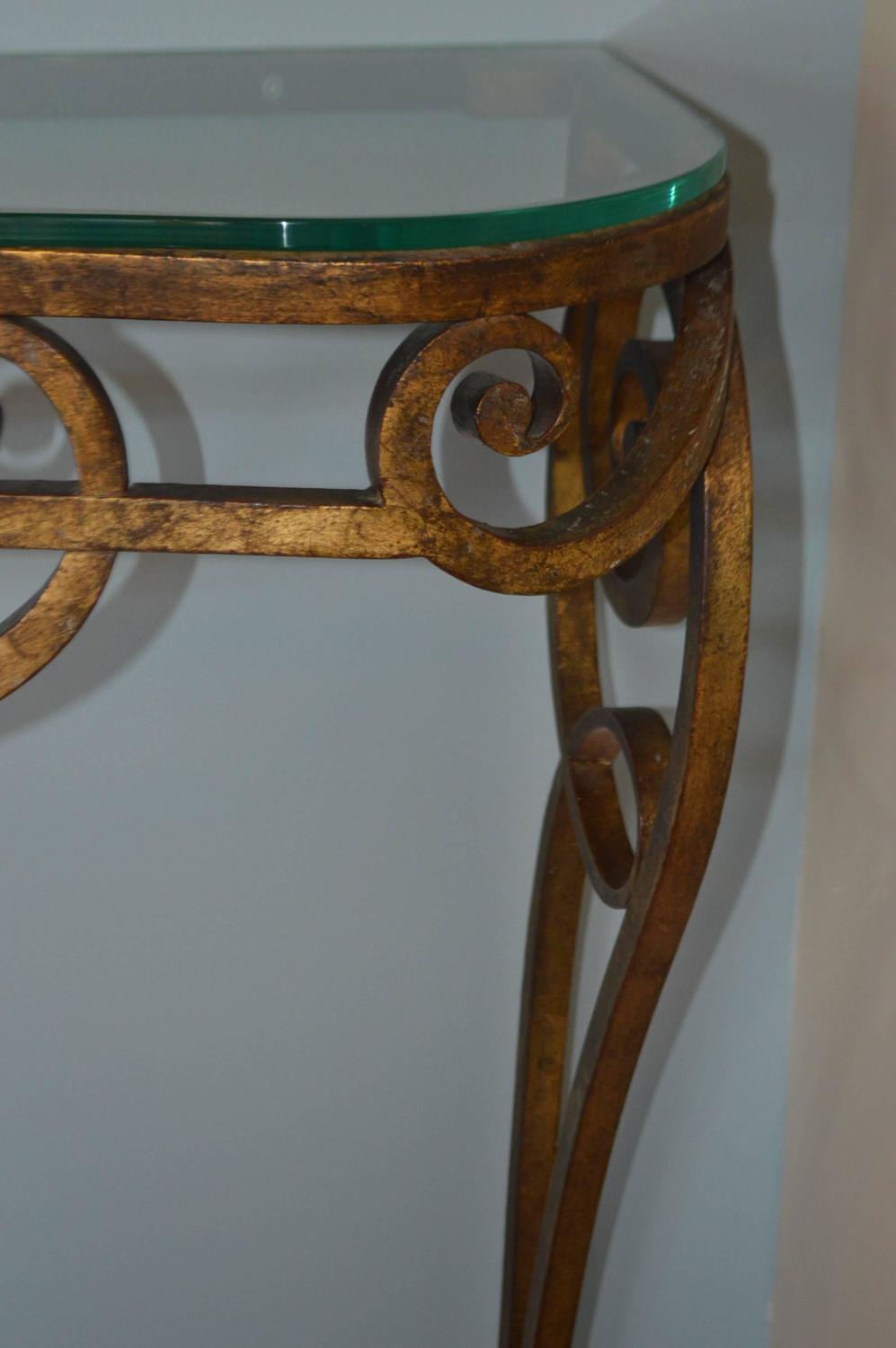 Wrought Iron Gilded Console Table with Glass Top For Sale at 1stdibs