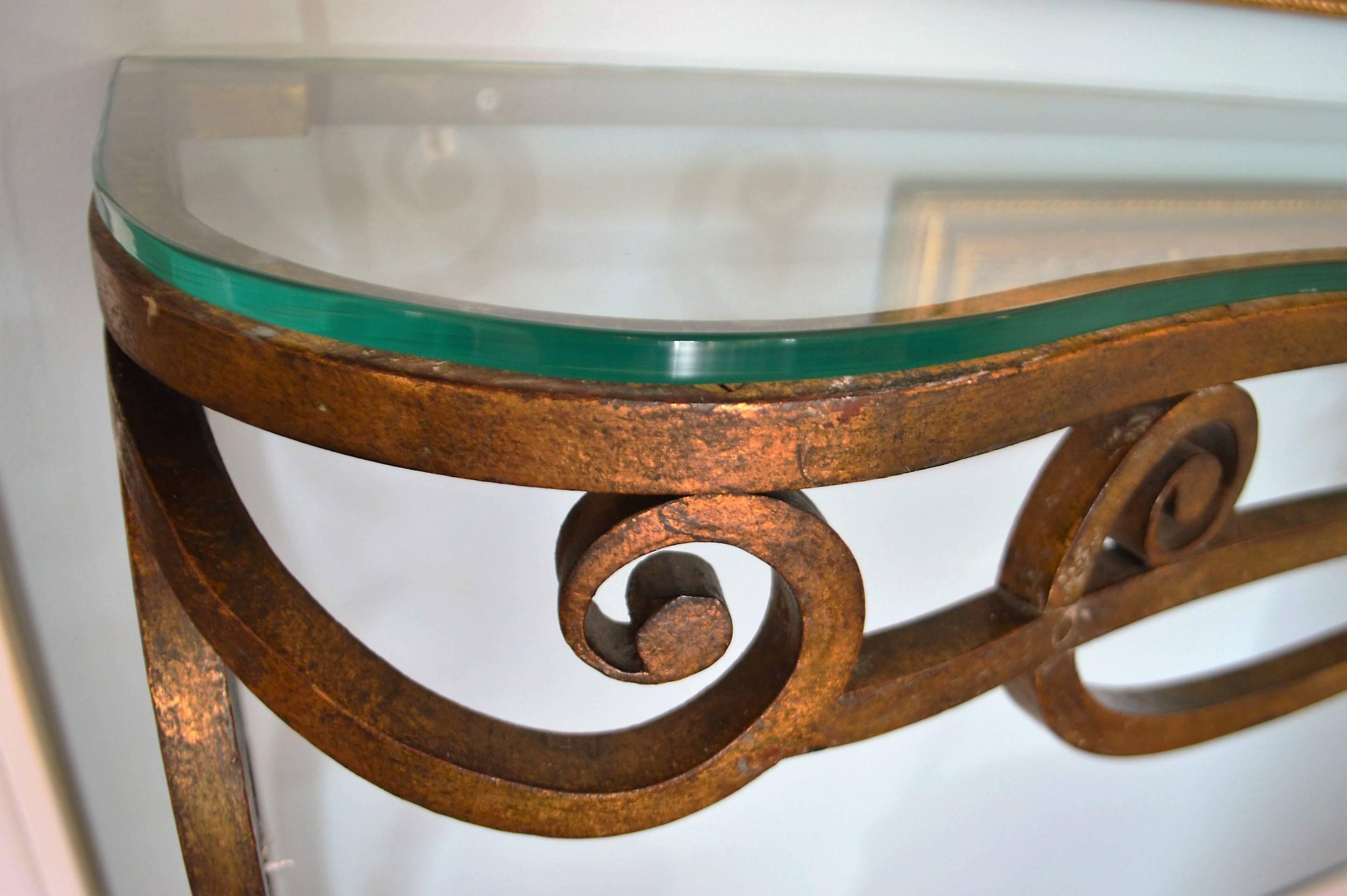 French Wrought Iron Gilded Console Table with Glass Top