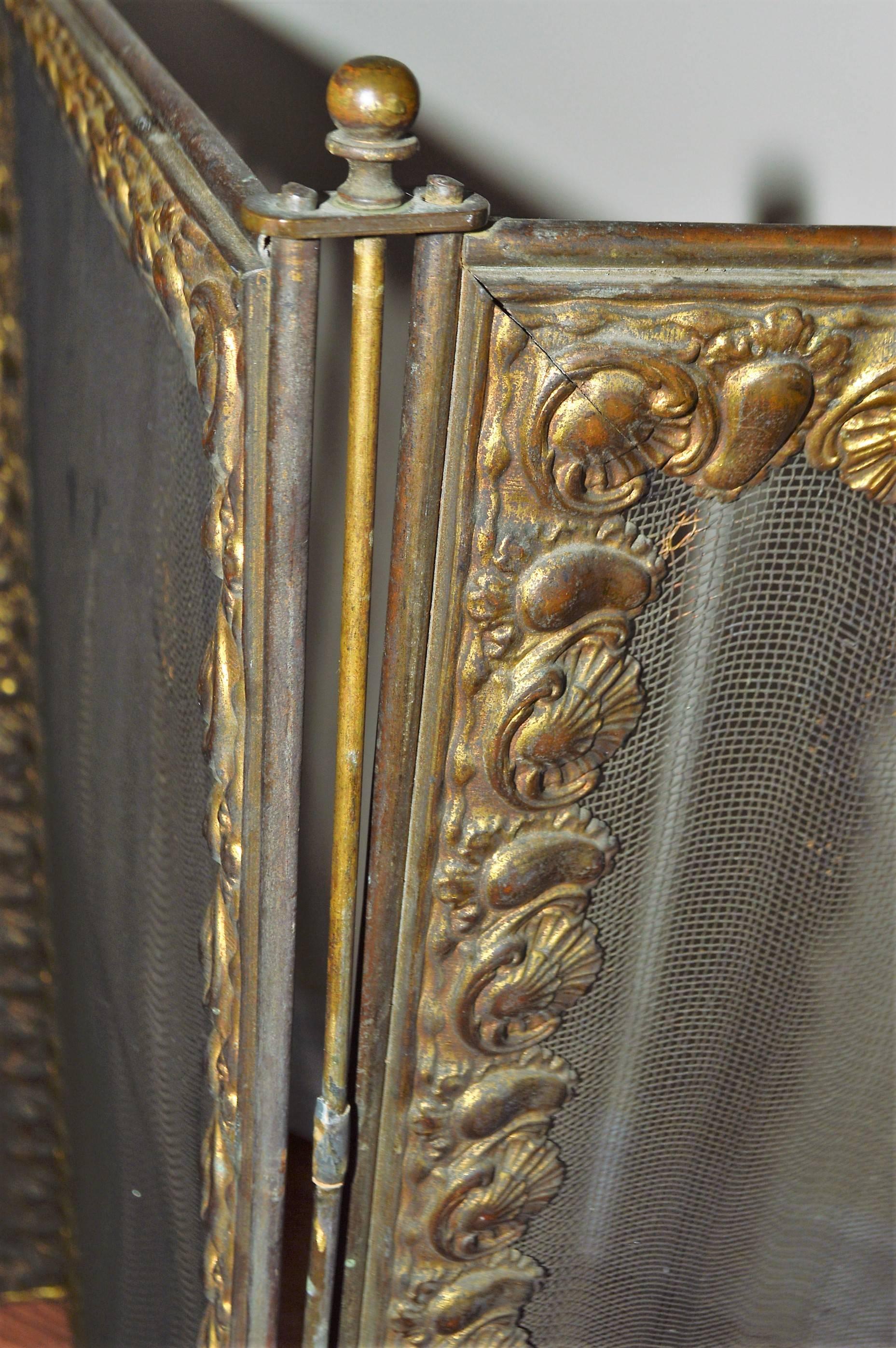 Gilt French Folding Bronze and Mesh Fireplace Screen For Sale