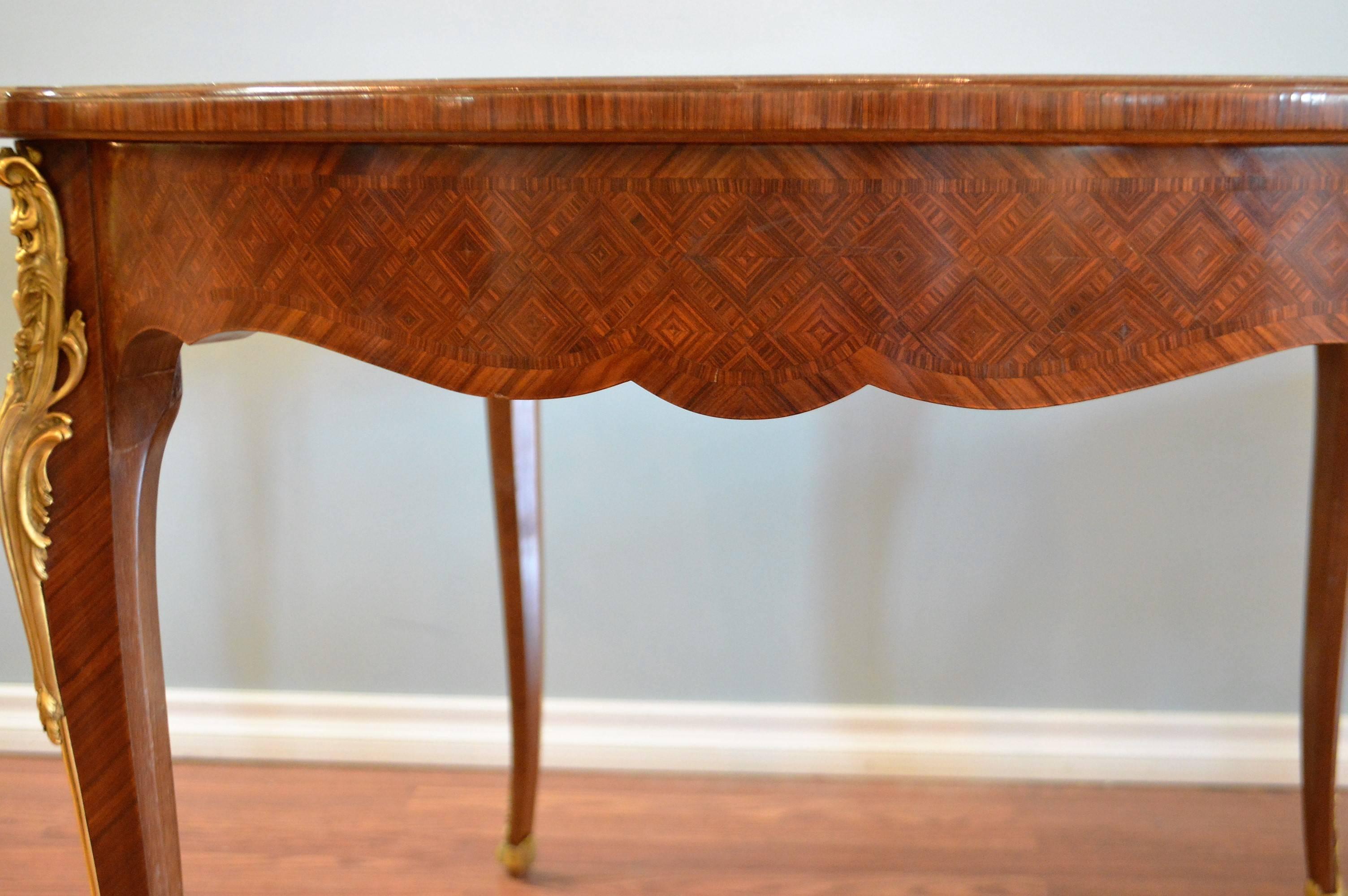 Gilt Louis XV Style Round Games Table with Bronze Details and Leather Top