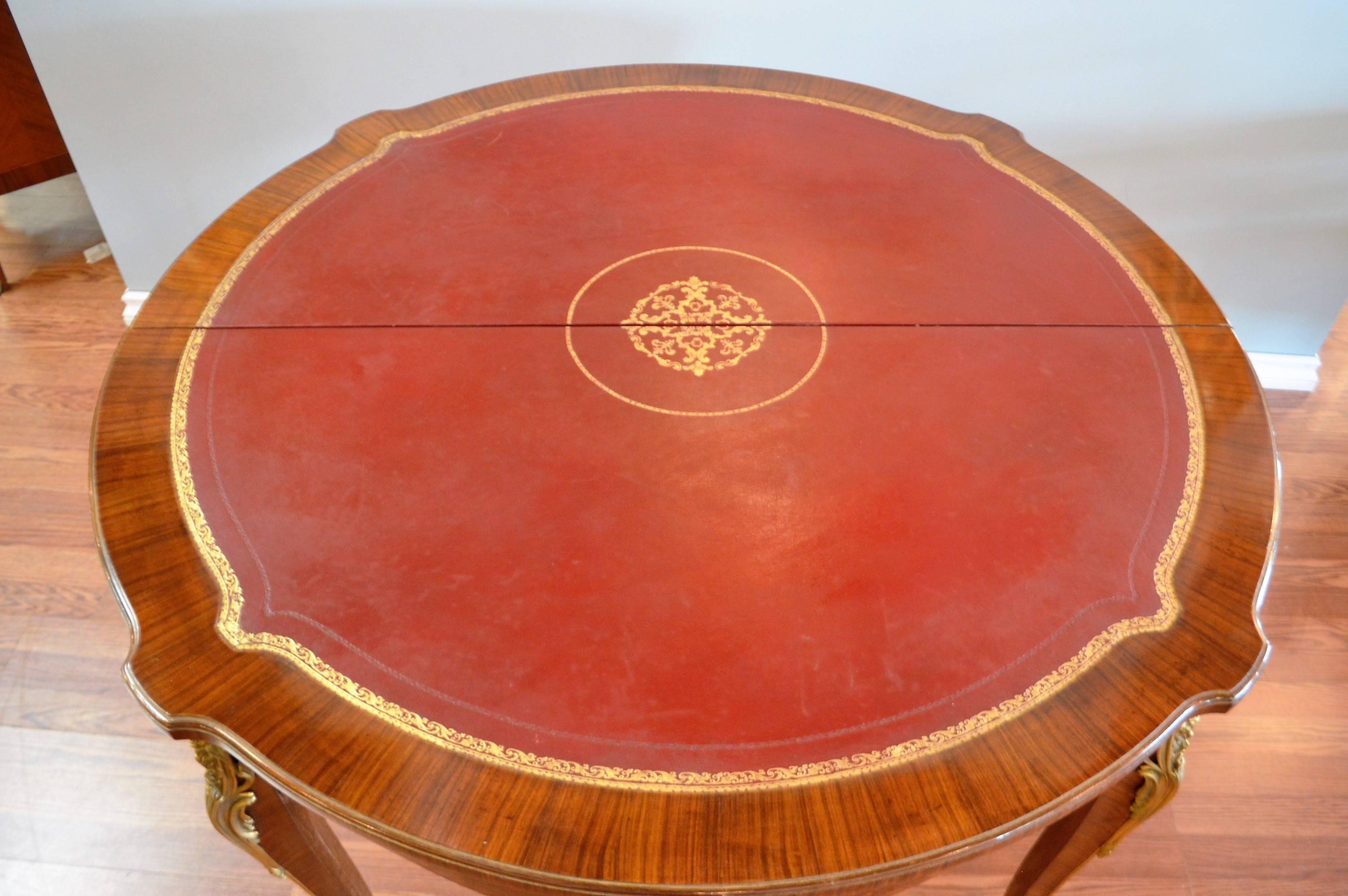 20th Century Louis XV Style Round Games Table with Bronze Details and Leather Top