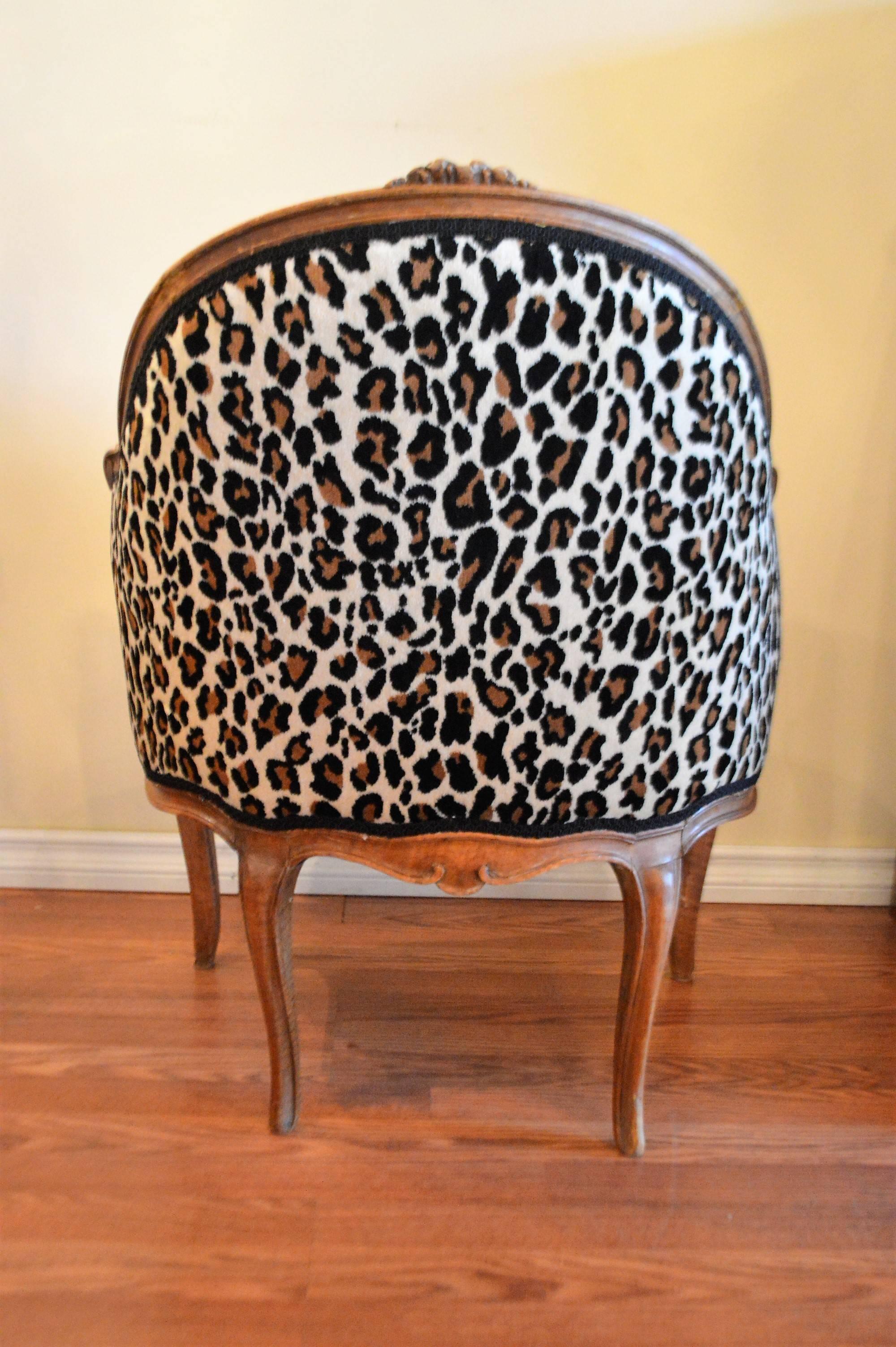 French Louis XV Style Walnut Bergere Upholstered in Leopard Chenille