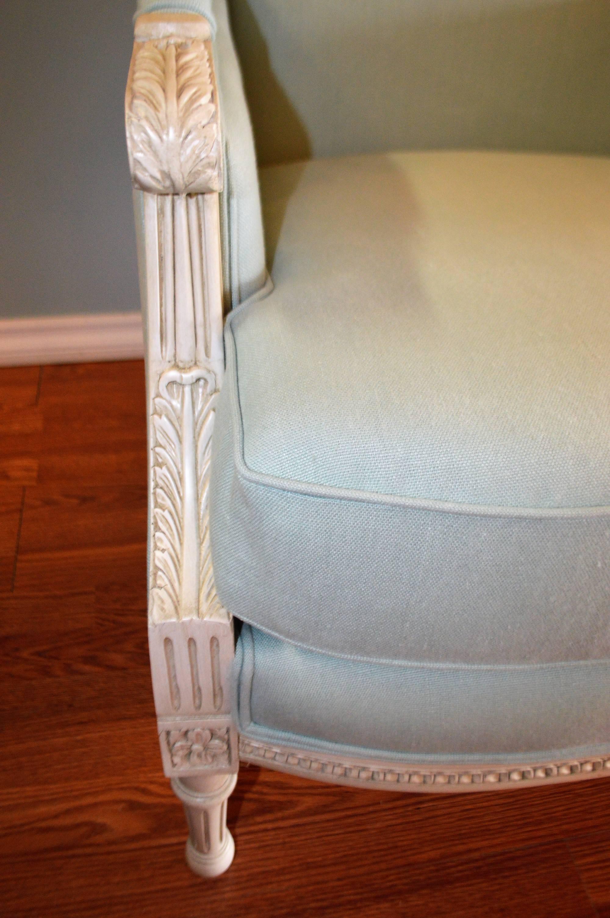 Pair of Louis XVI Style Painted Bergeres Chairs In Excellent Condition In Oakville, ON