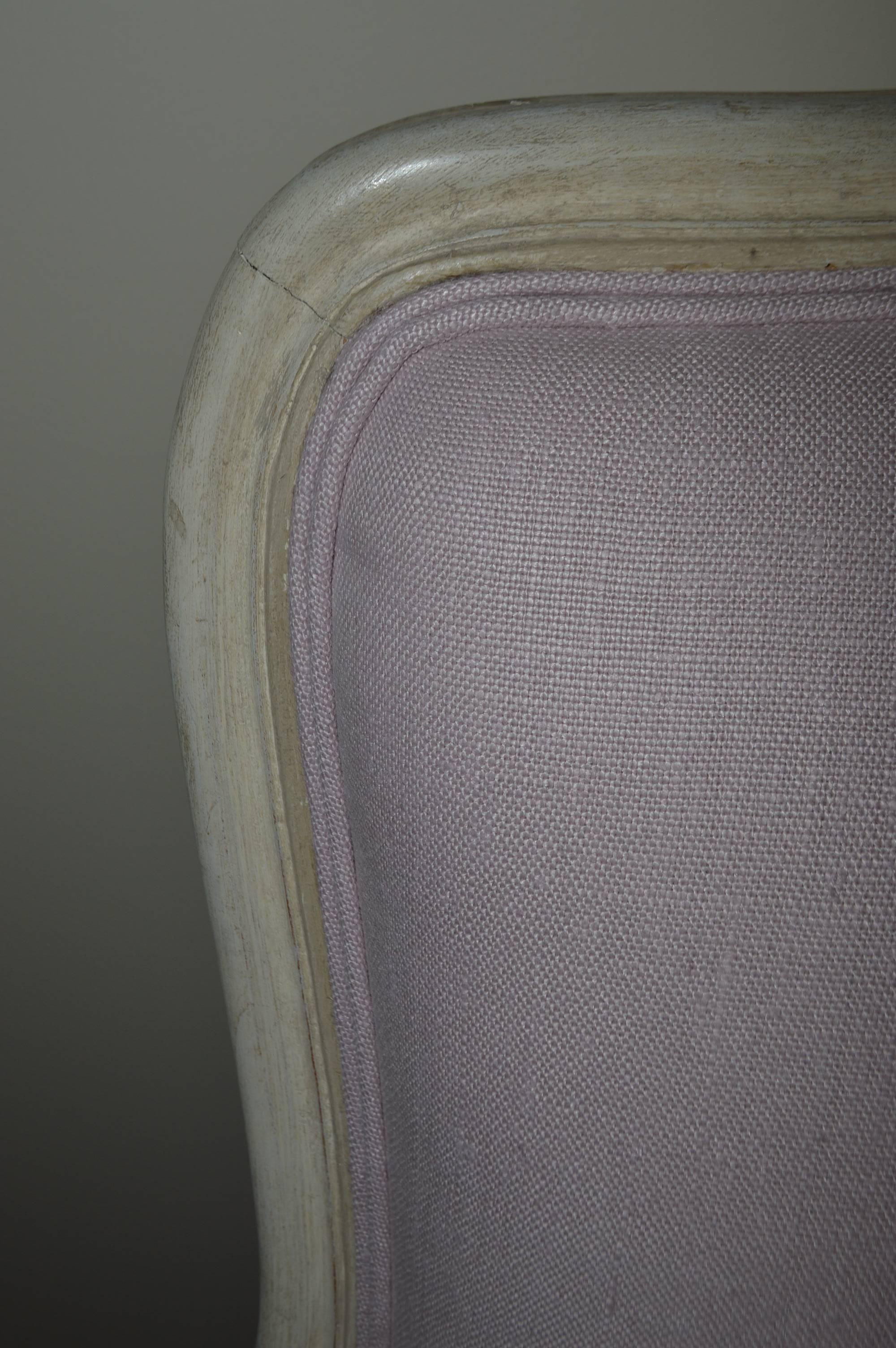 Patinated Louis XV Style Painted Bergere Chair Upholstered in a Lavender Linen