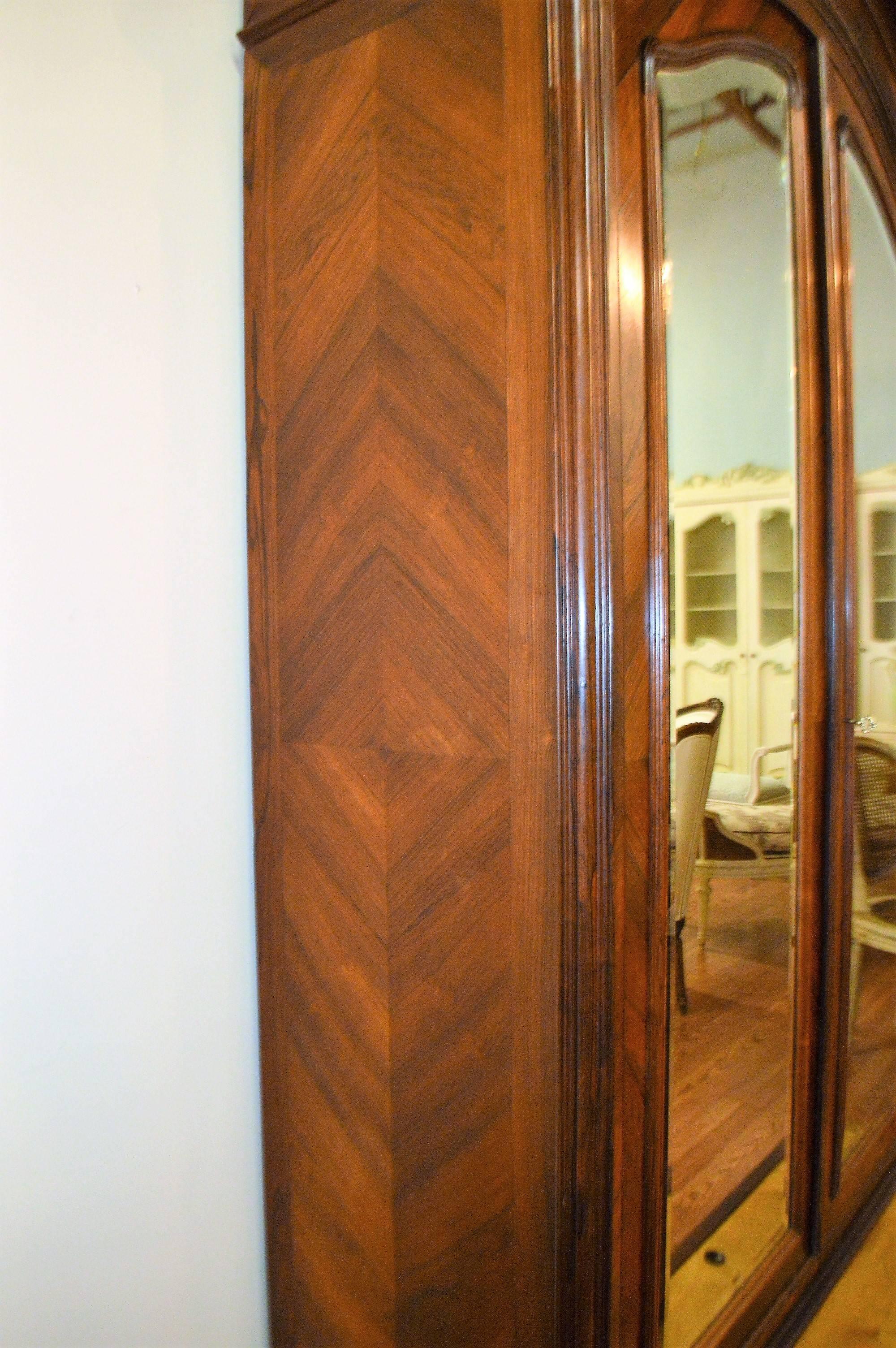 20th Century Louis XV Style Rosewood Inlay Armoire with Mirrored Doors