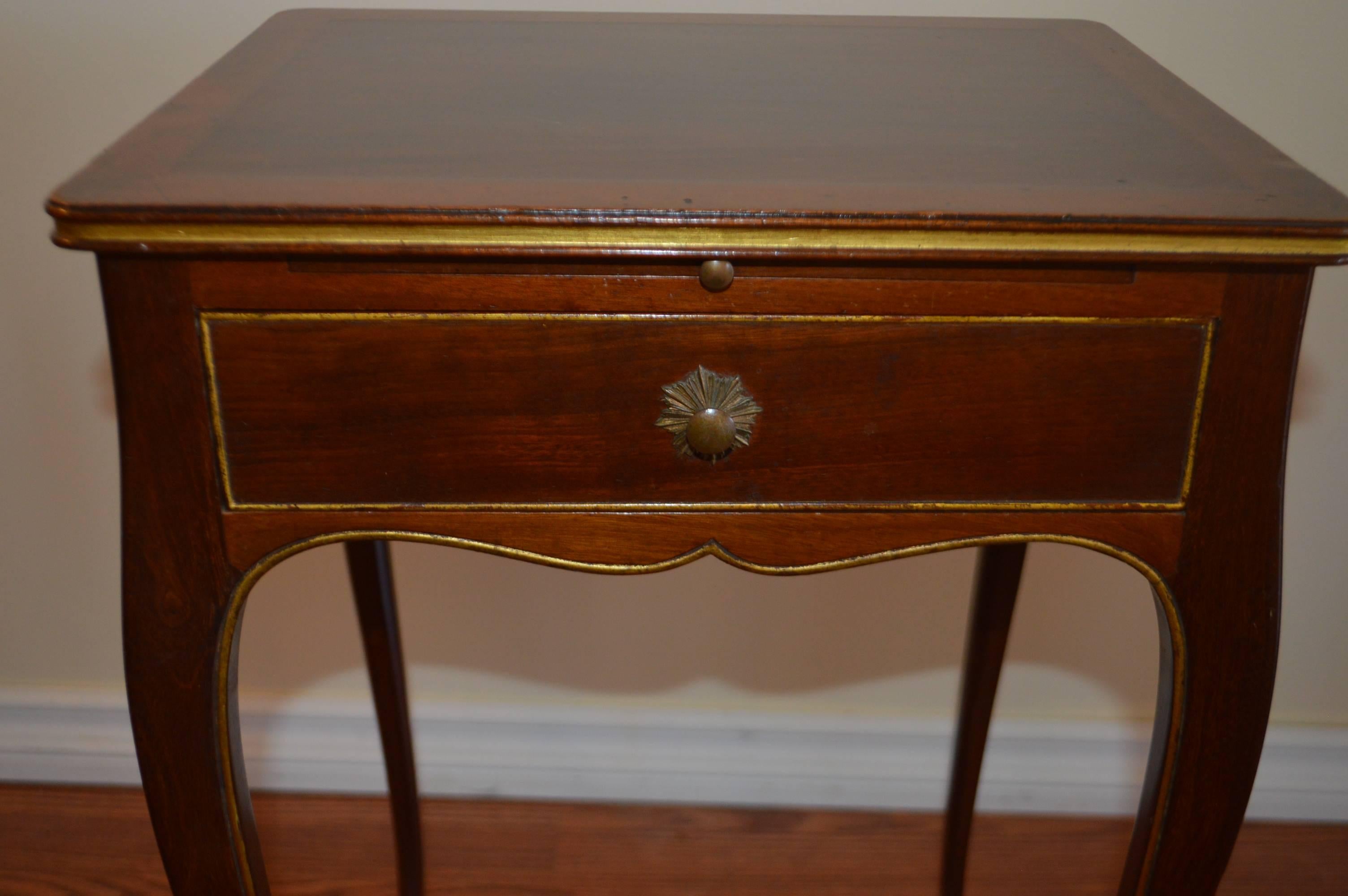 French Pair of Elegant Mahogany Side Tables, Gilded Molding, Drawer and Pull-Out Table