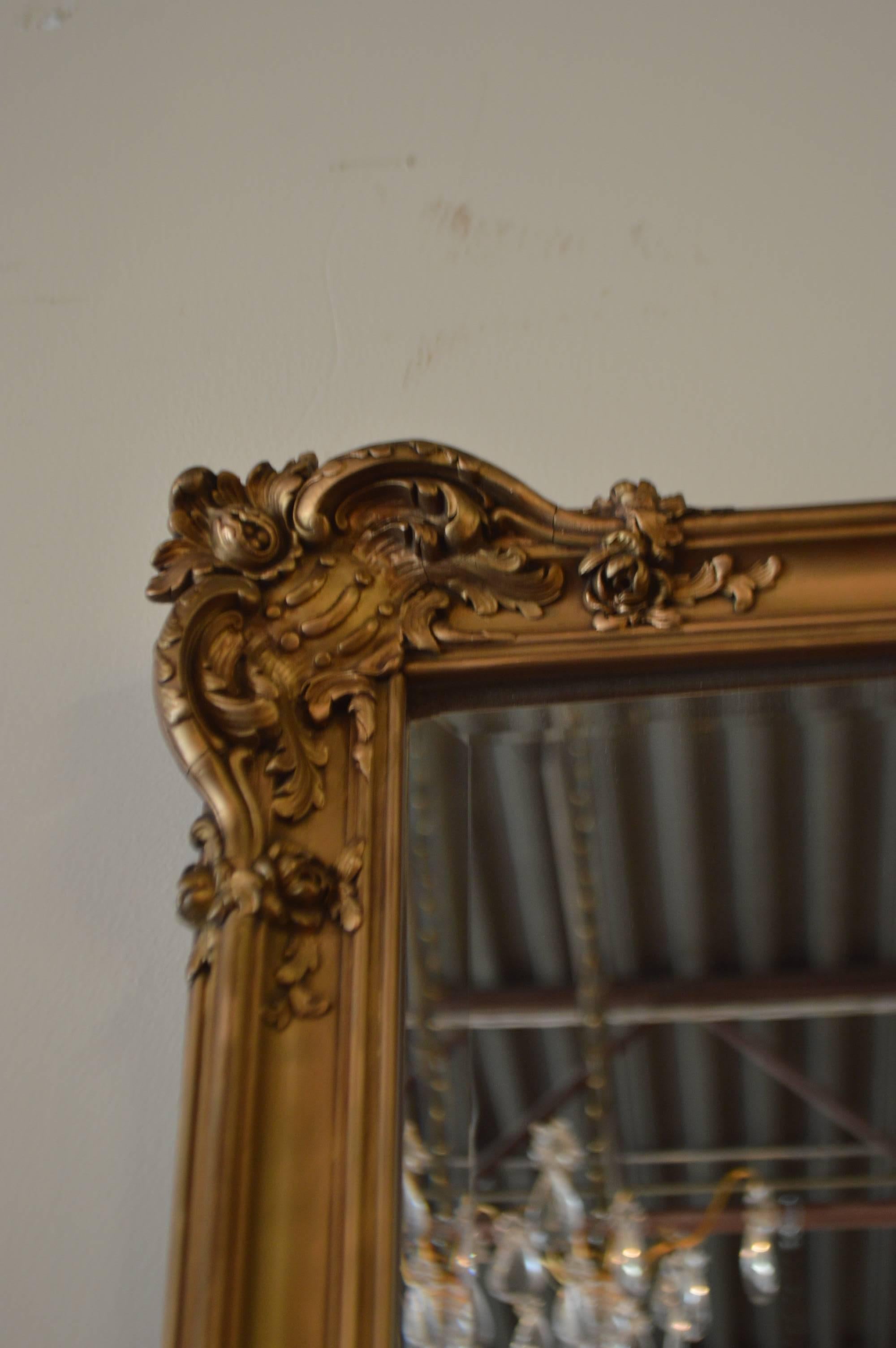 Louis XV style hand-carved wooden gilded mirror. The hand cared details are typical of the Louis XV showing shells, acanthus leaves and flowers all displayed in harmony on the four corners and at the top of the mirror.
The beveled mirror is new.