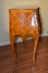 Pair of Unusual Inlay Tulip Wood Bombe Side Tables or Nightstands