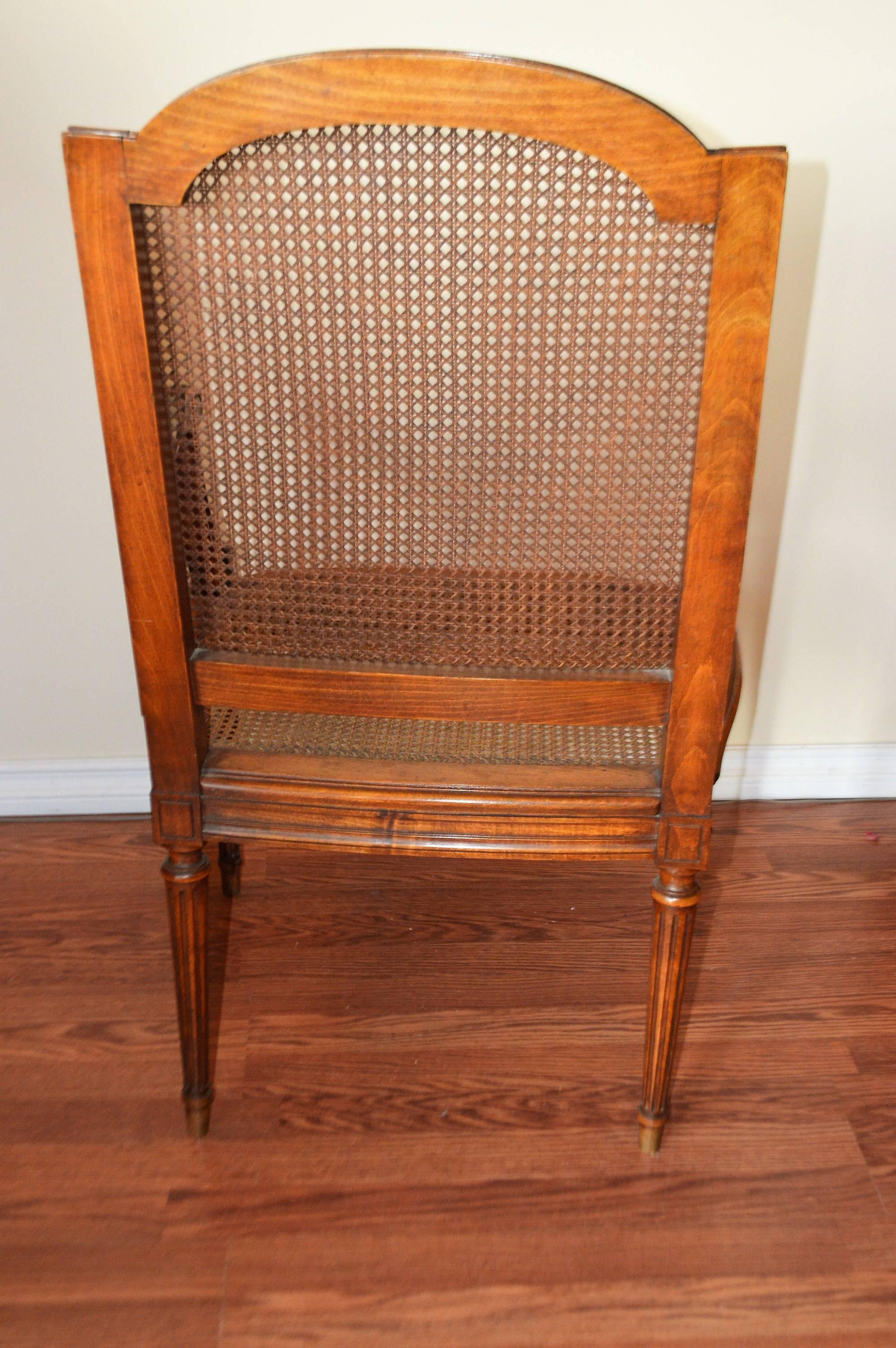 Pair of Louis XVI Style Hand-Caned and Carved Mahogany Armchairs with Leather 3