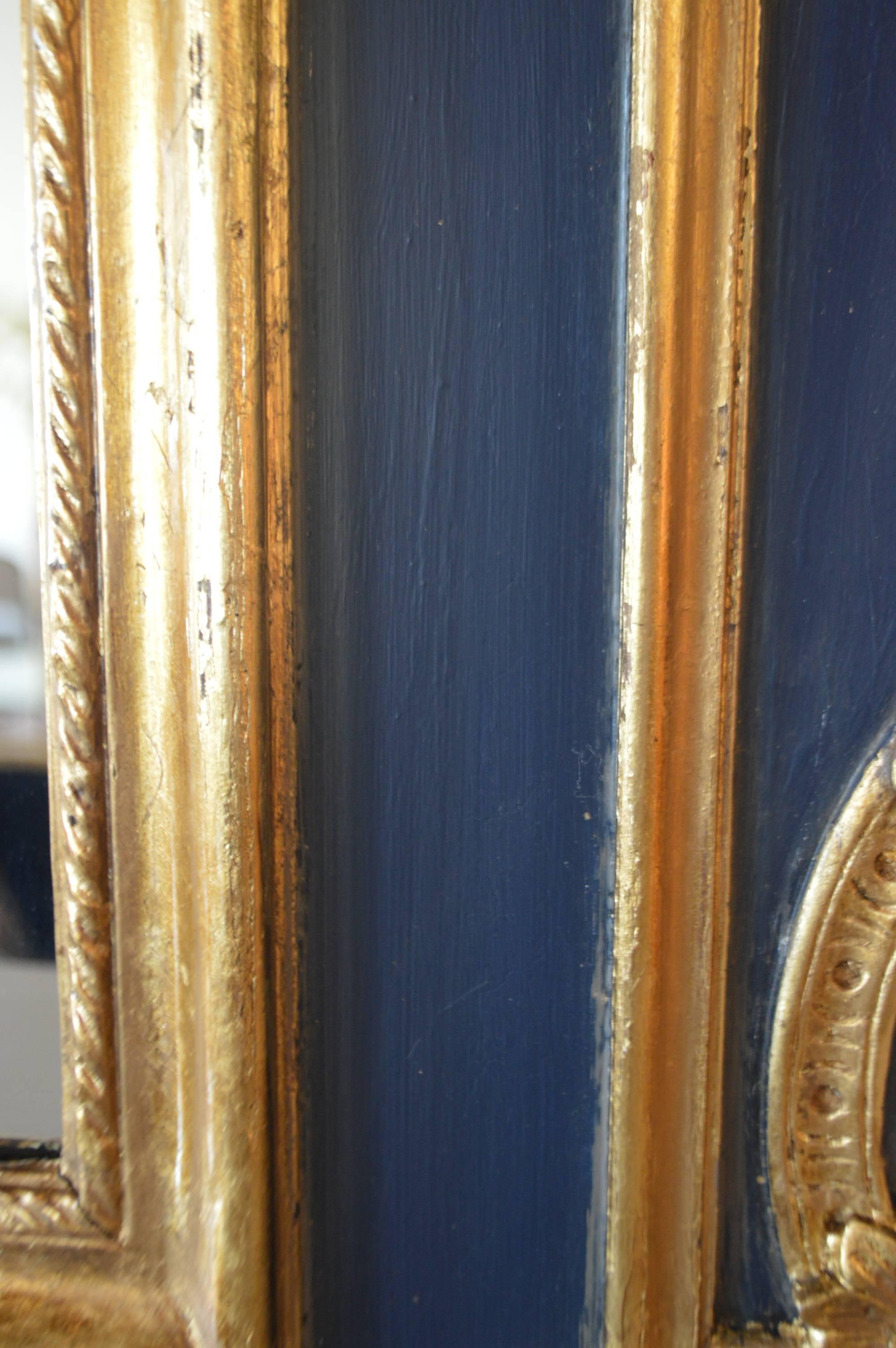 Louis XVI Style Trumeau Mirror Painted Dark Blue with Gilt Details Accents 1