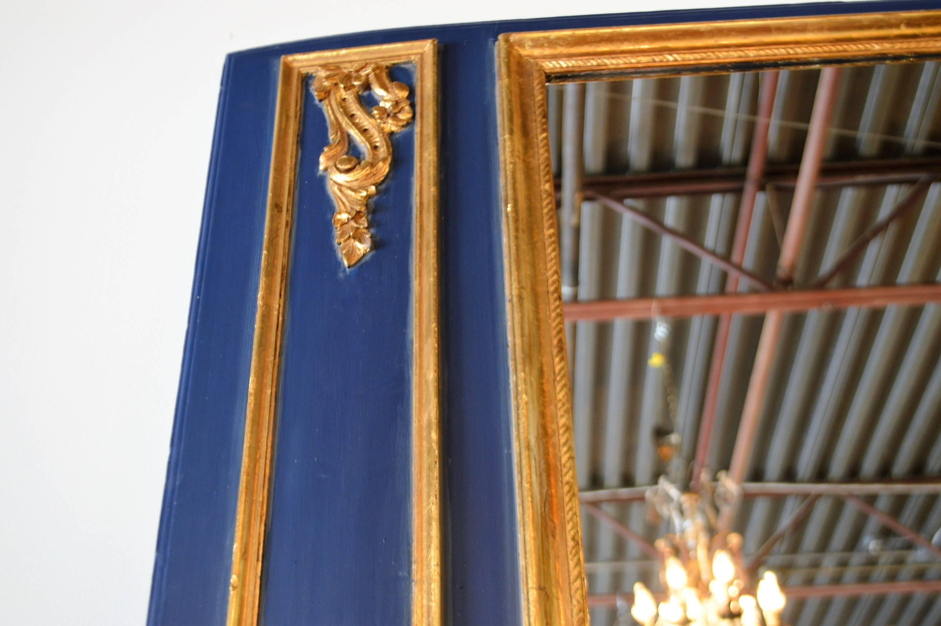 19th Century Louis XVI Style Trumeau Mirror Painted Dark Blue with Gilt Details Accents