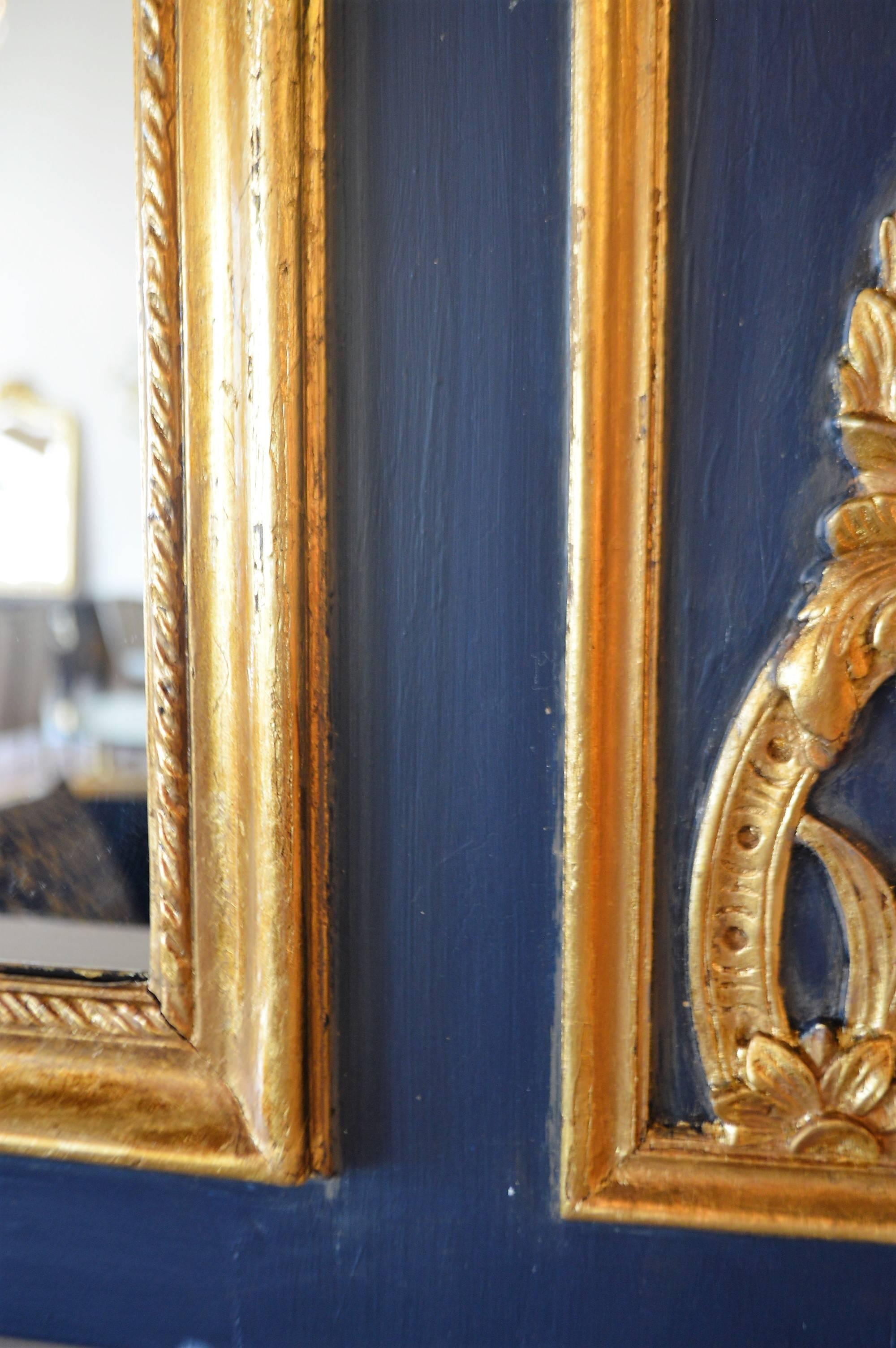 Wood Louis XVI Style Trumeau Mirror Painted Dark Blue with Gilt Details Accents