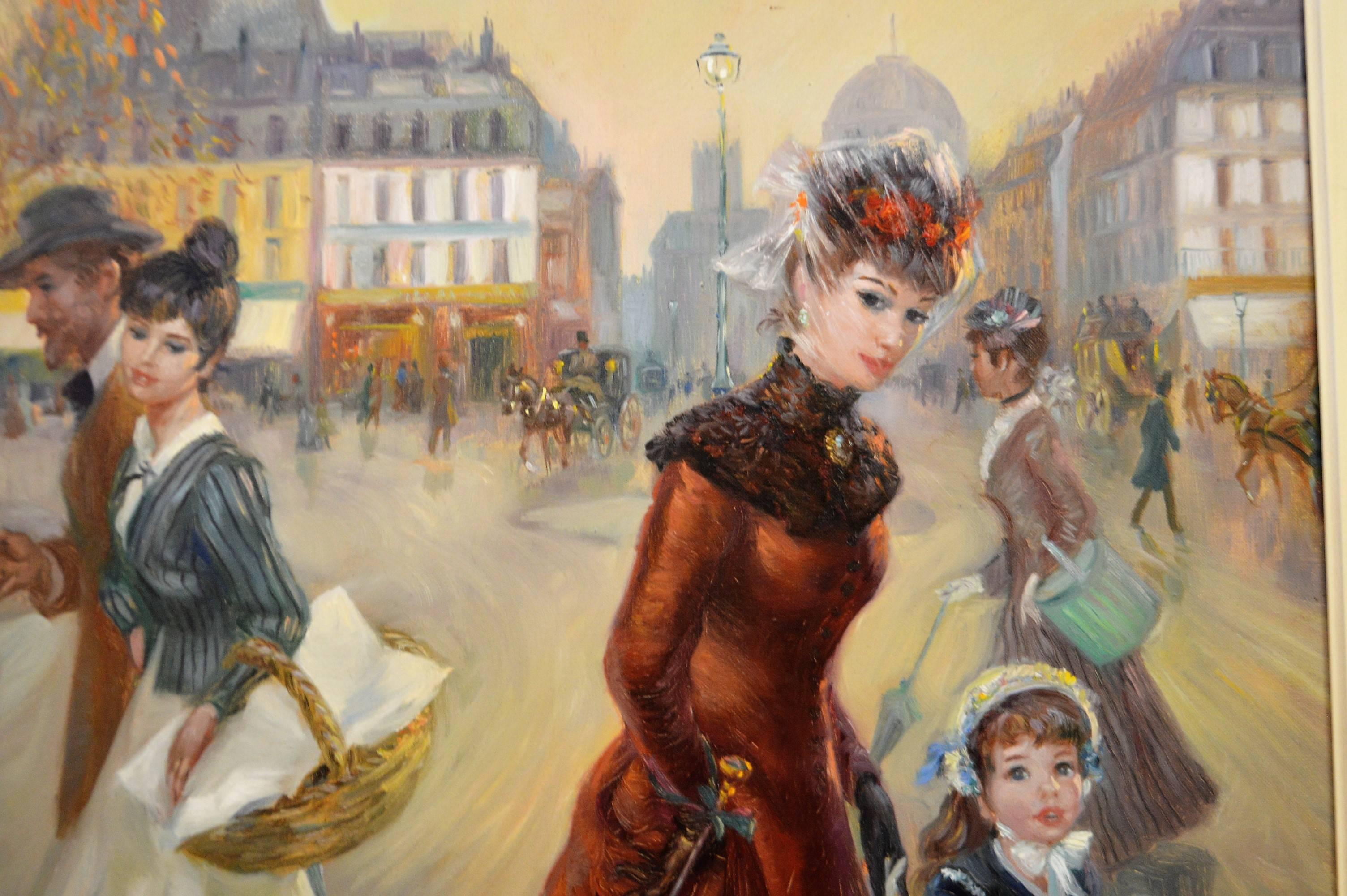 Oil painting by John Frederick Lloyd Strevens (1902-1990) a self taught British artist, he is well known for painting various Parisian scene with pretty French woman often with children. He exhibited in the Royal Academy and the Royal Academy of