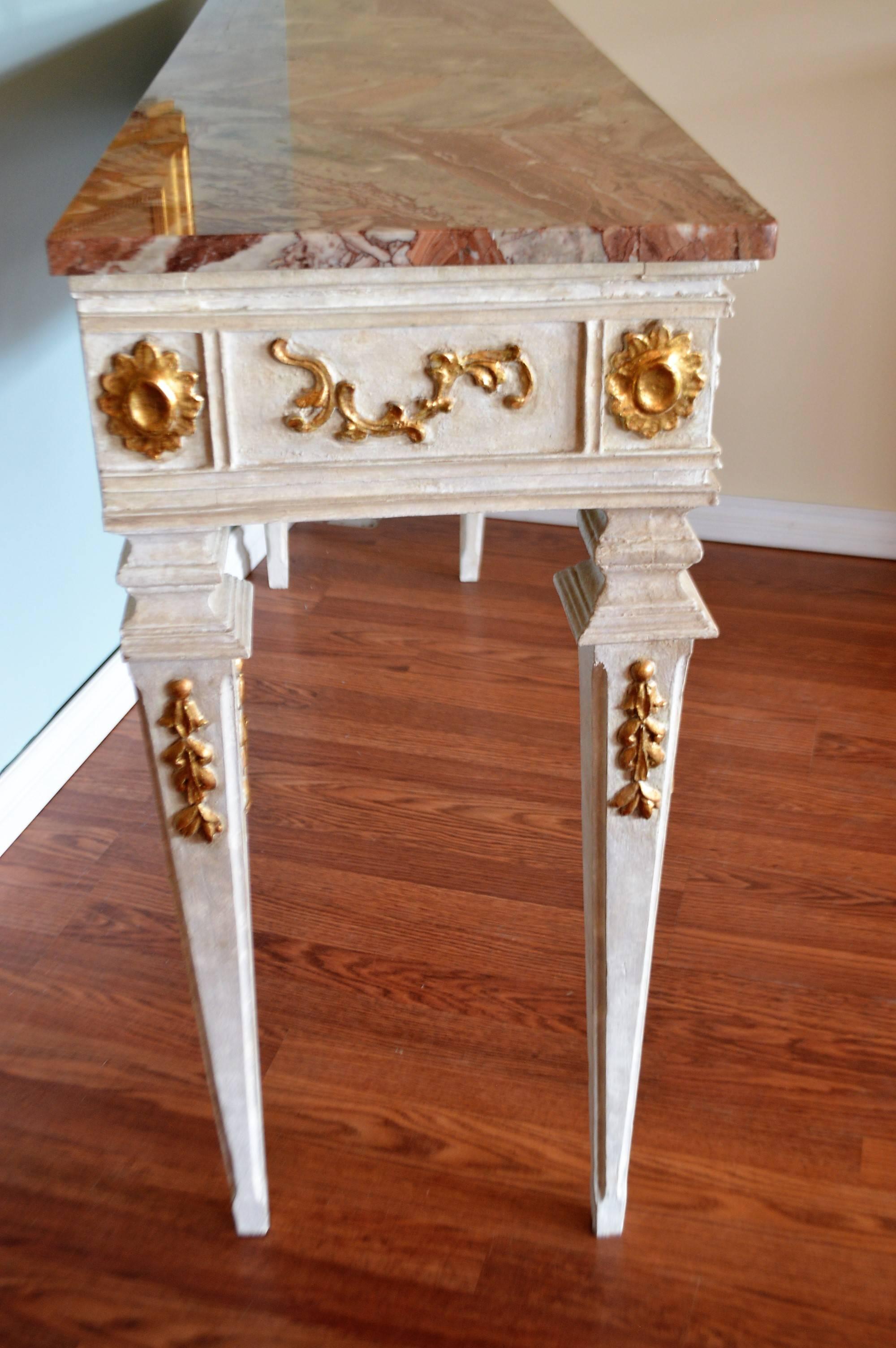 French Louis XVI Style Pained Console Table with Gilt Hand-Carved Details, Marble Top