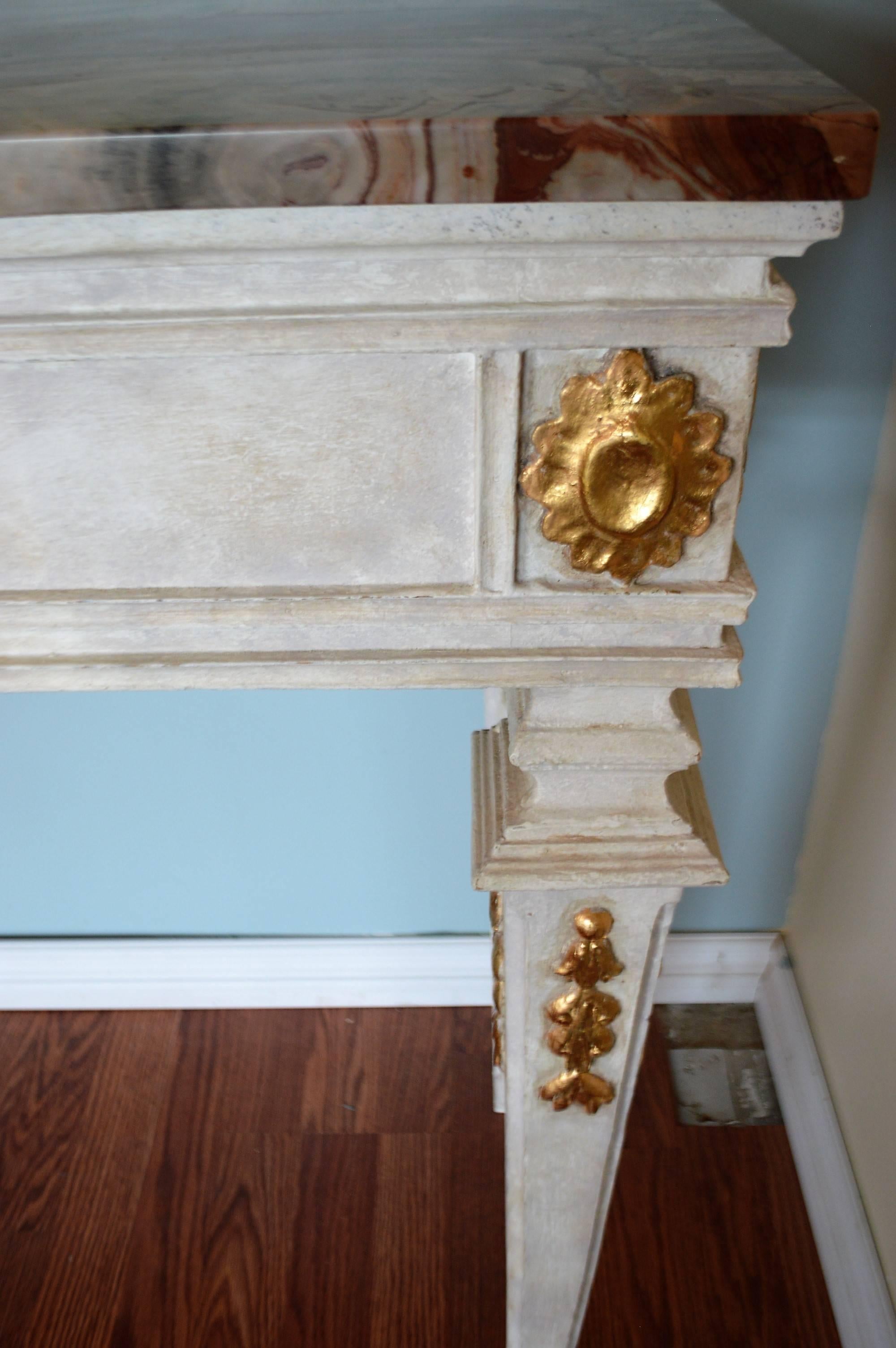 Patinated Louis XVI Style Pained Console Table with Gilt Hand-Carved Details, Marble Top
