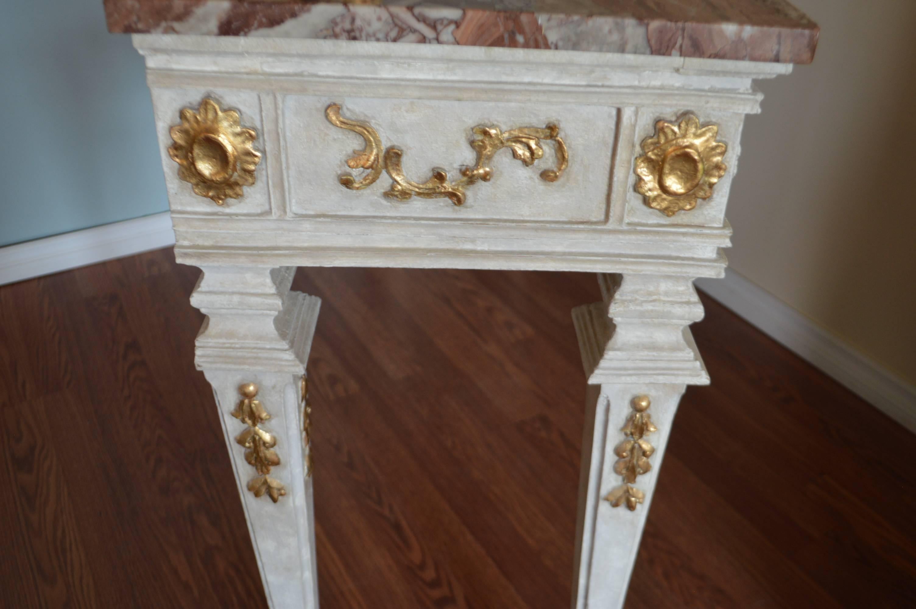 Louis XVI Style Pained Console Table with Gilt Hand-Carved Details, Marble Top In Excellent Condition In Oakville, ON