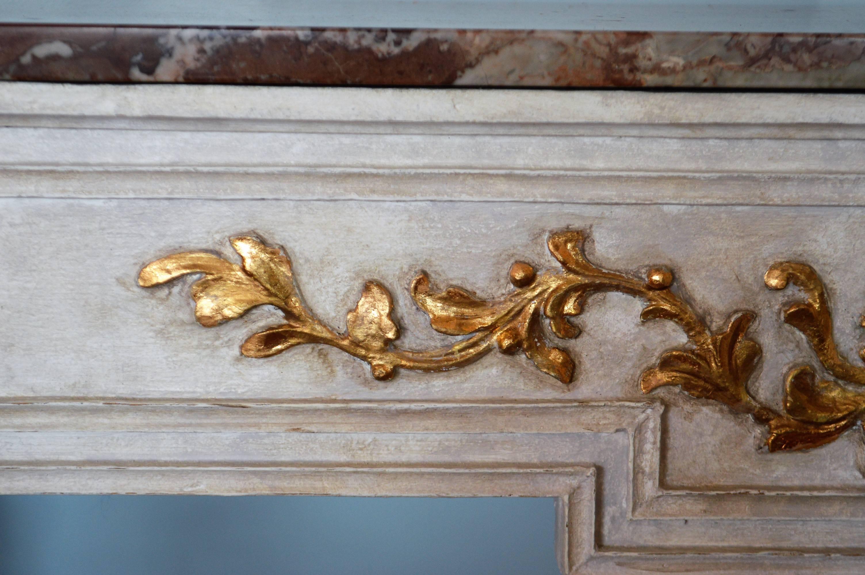 Louis XVI Style Pained Console Table with Gilt Hand-Carved Details, Marble Top 1