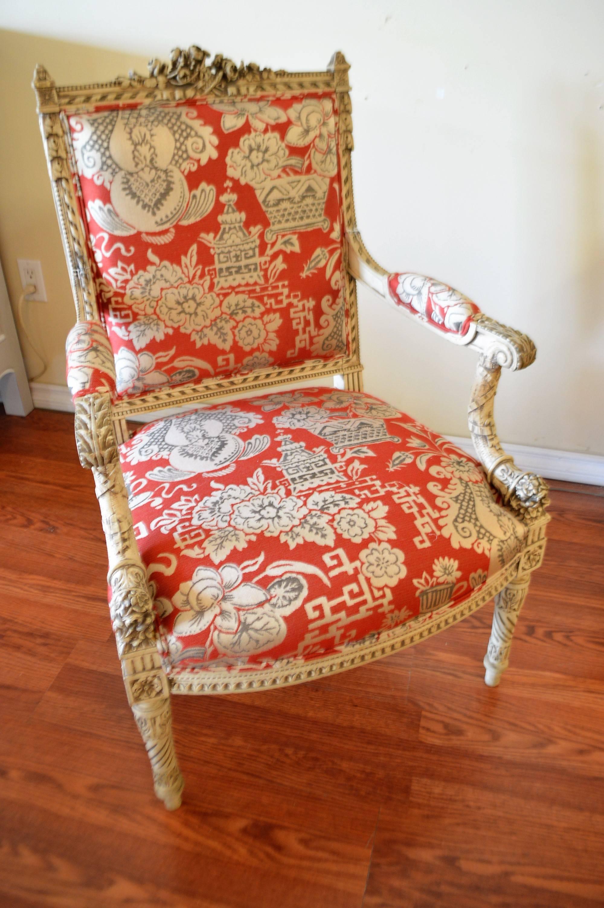 French Pair of 19th Century Hand-Carved Armchair New Upholstery in Chinoiserie Fabric